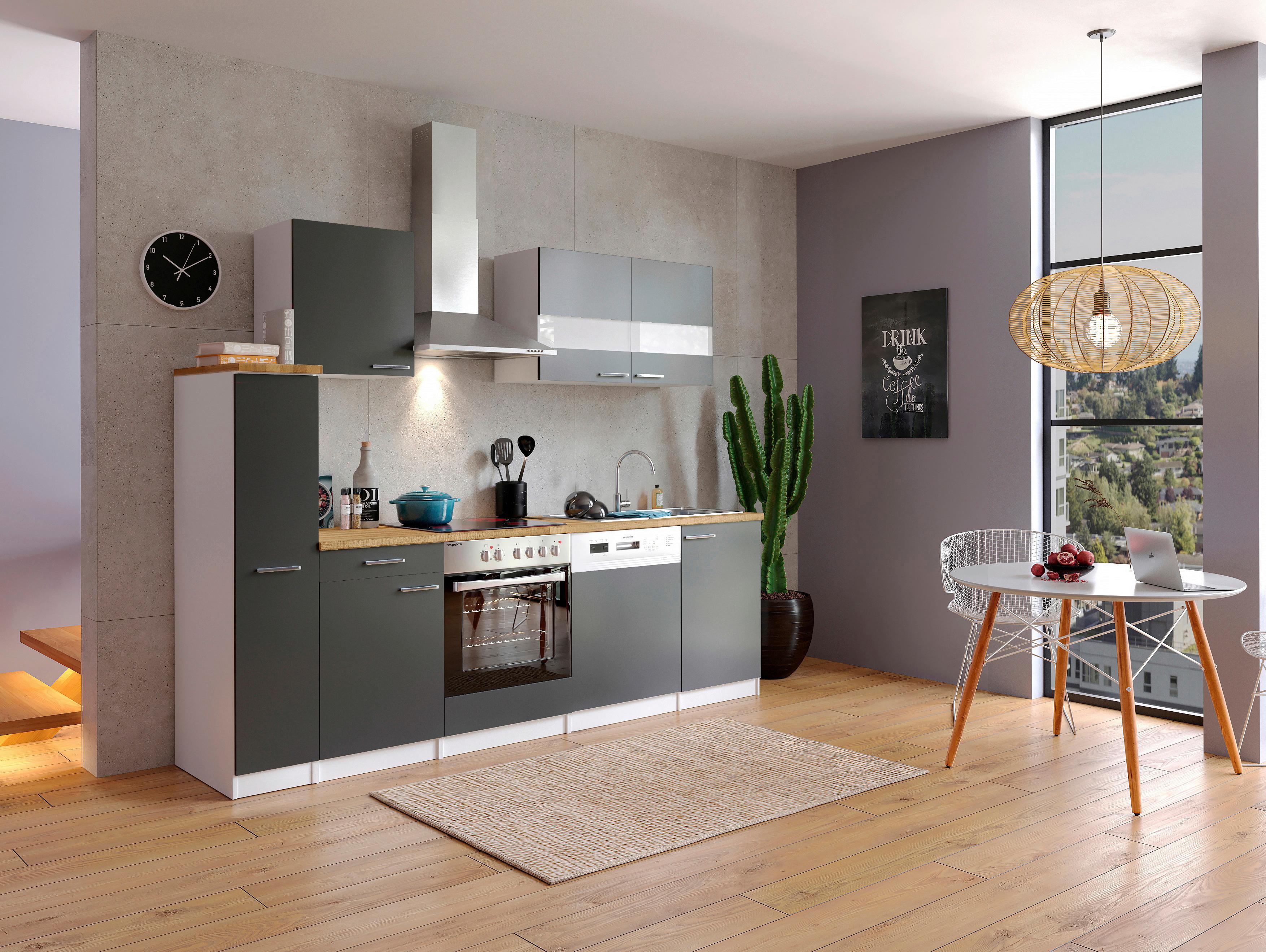 Küchenzeile Economy mit Geräten 250 cm Grau/Nussbaum Dekor - Nussbaumfarben/Weiß, Basics, Holzwerkstoff (250cm) - Respekta