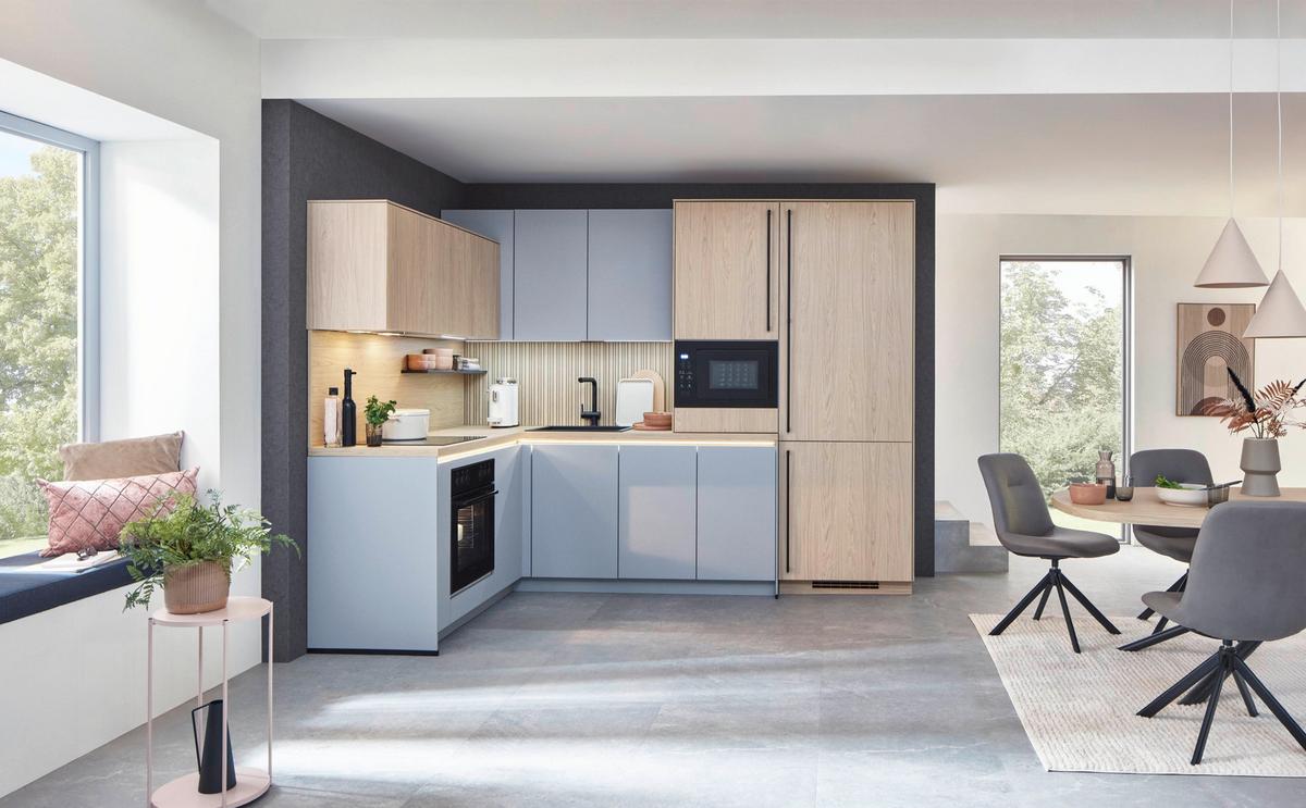 Eckküche Sidney/singapur - Sandfarben/Blau, Basics, Holzwerkstoff (185/288cm) - Vertico