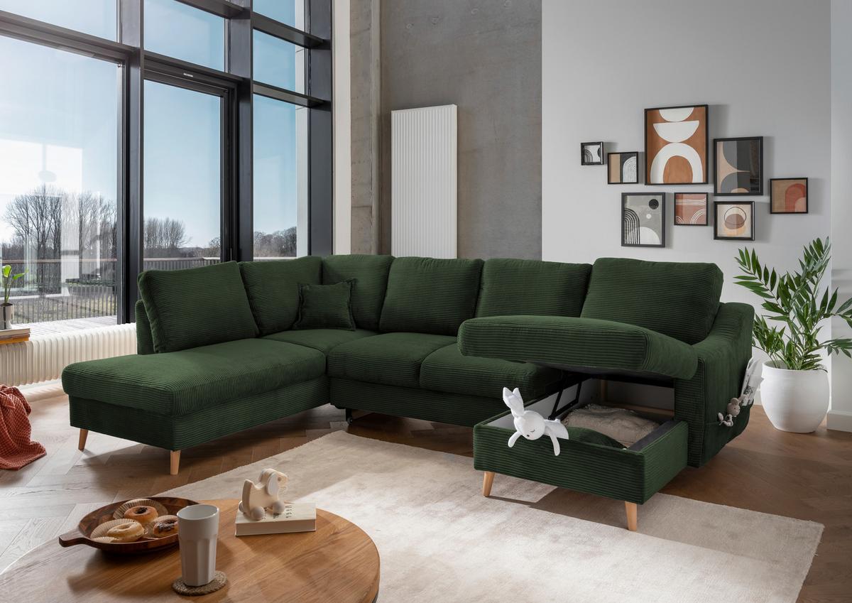 Wohnlandschaft Valentina - Dunkelgrün/Naturfarben, KONVENTIONELL, Textil (200/301/150cm) - P & B
