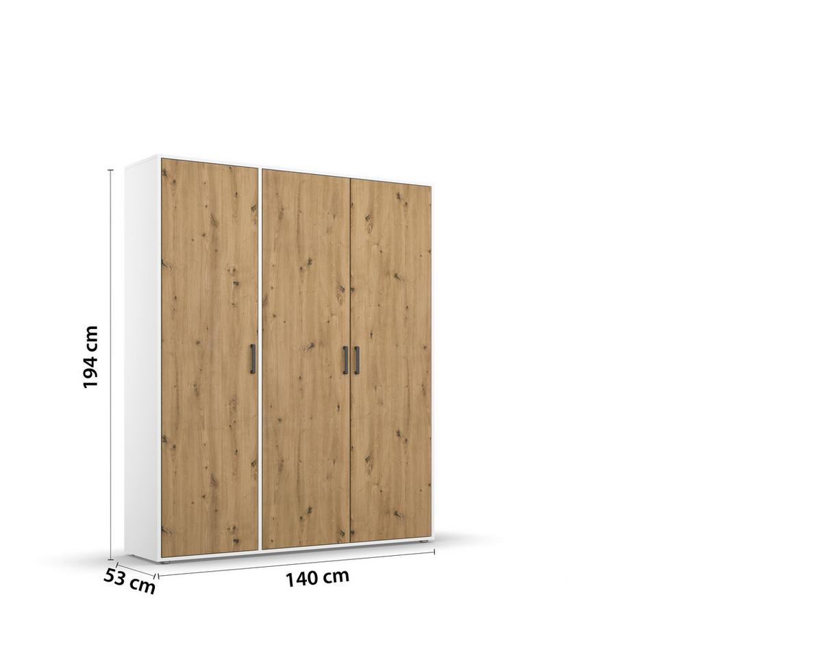 Drehtürenschrank Voyager Weiß,eiche Artisan B: 140 Cm - Eiche Artisan/Weiß, MODERN, Holzwerkstoff (140/194/53cm) - Rauch Möbel