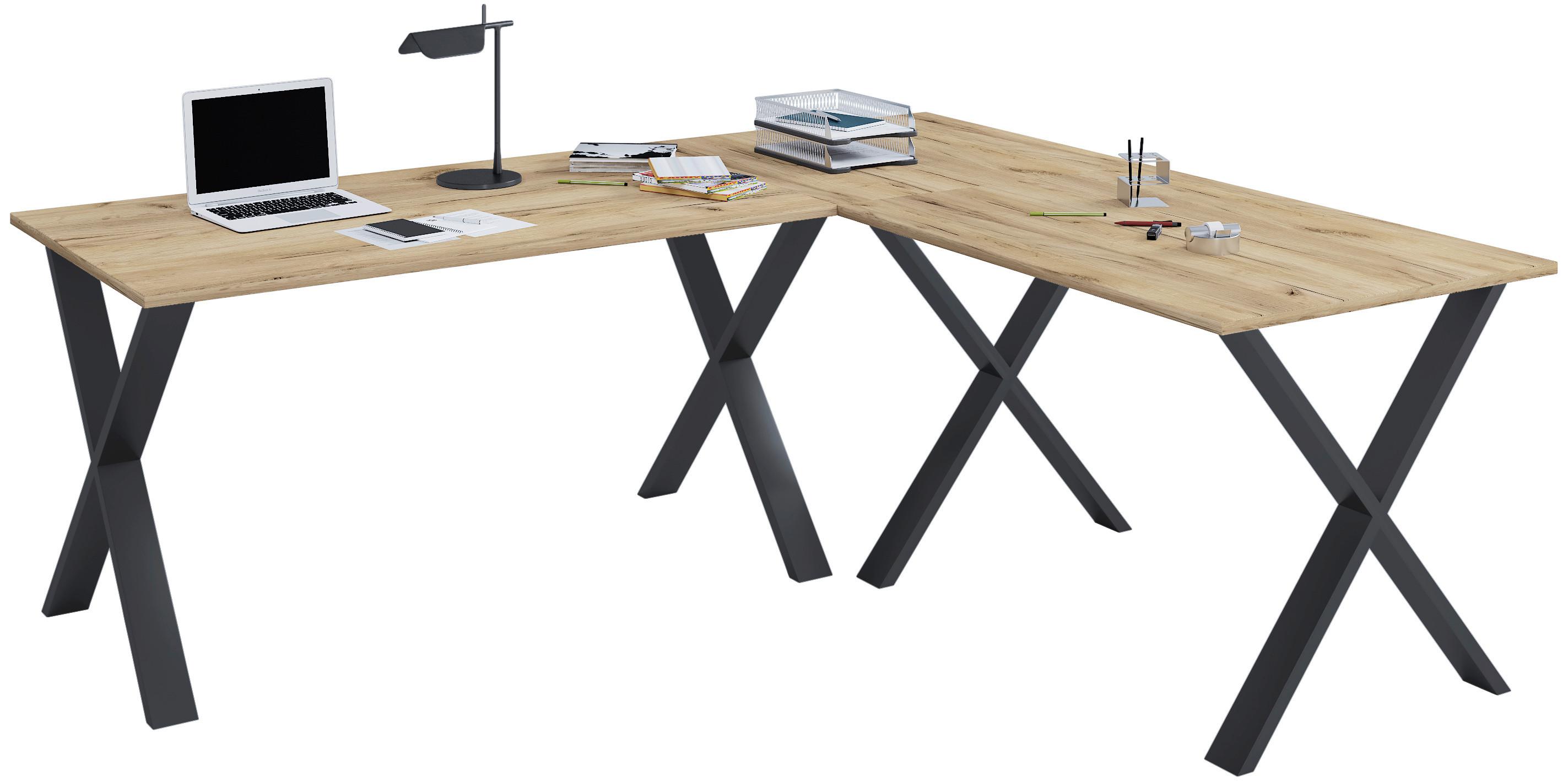 Eckschreibtisch Lona Schwarz/ Honigeichefarben, L: 160cm - Honigeiche/Silberfarben, MODERN, Holzwerkstoff/Metall (160/160/76cm) - MID.YOU