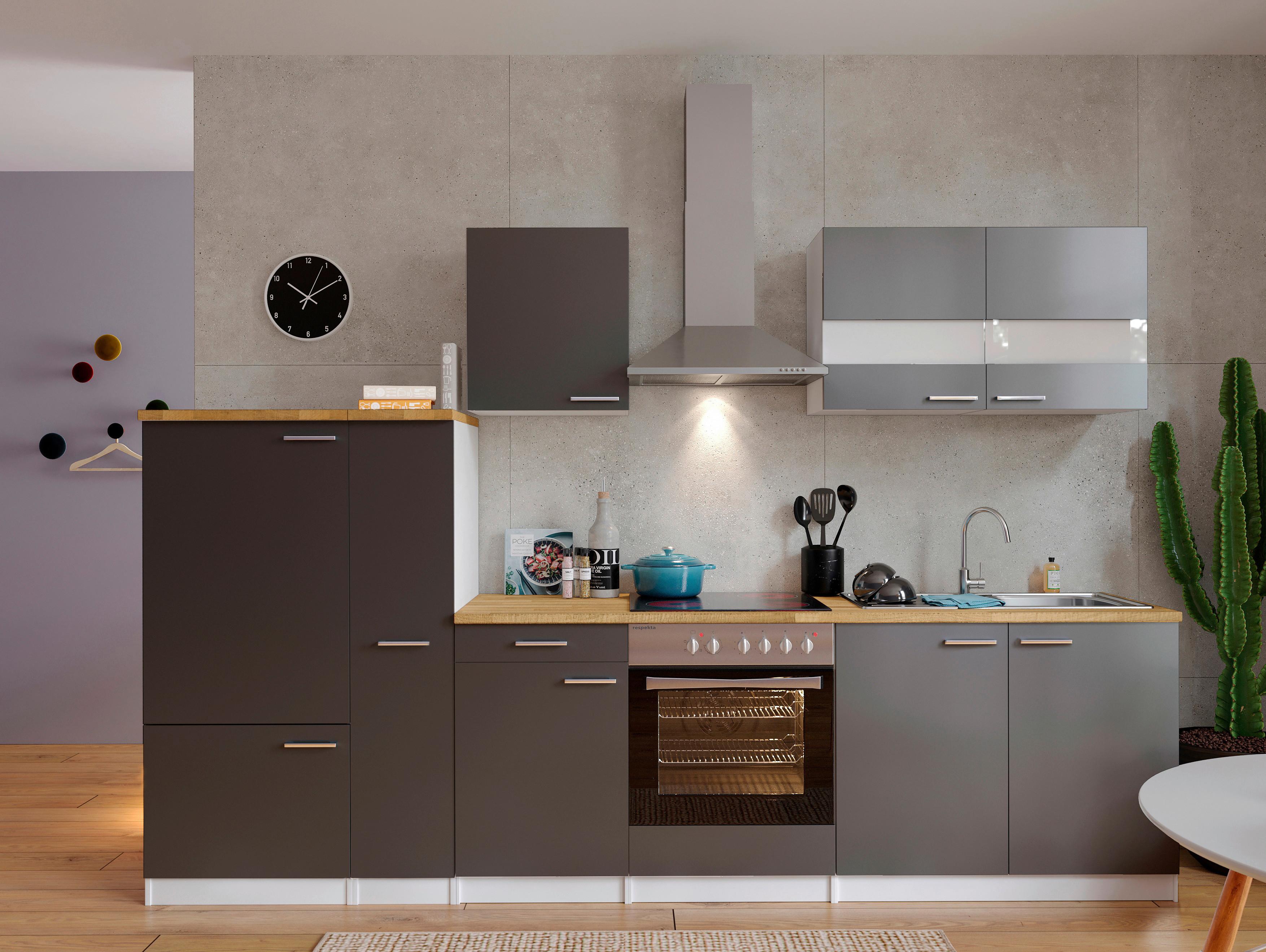 Küchenzeile Economy mit Geräten 300 cm Grau/Nussbaum Dekor - Nussbaumfarben/Weiß, Basics, Holzwerkstoff (300cm) - Respekta