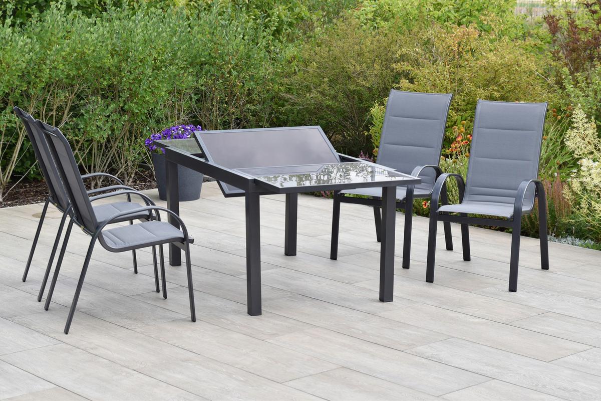 Gartentischgruppe Amalfi 5 -Teilig. Graphitfarben/Grau - Graphitfarben/Braun, KONVENTIONELL, Glas/Textil - Gardenson