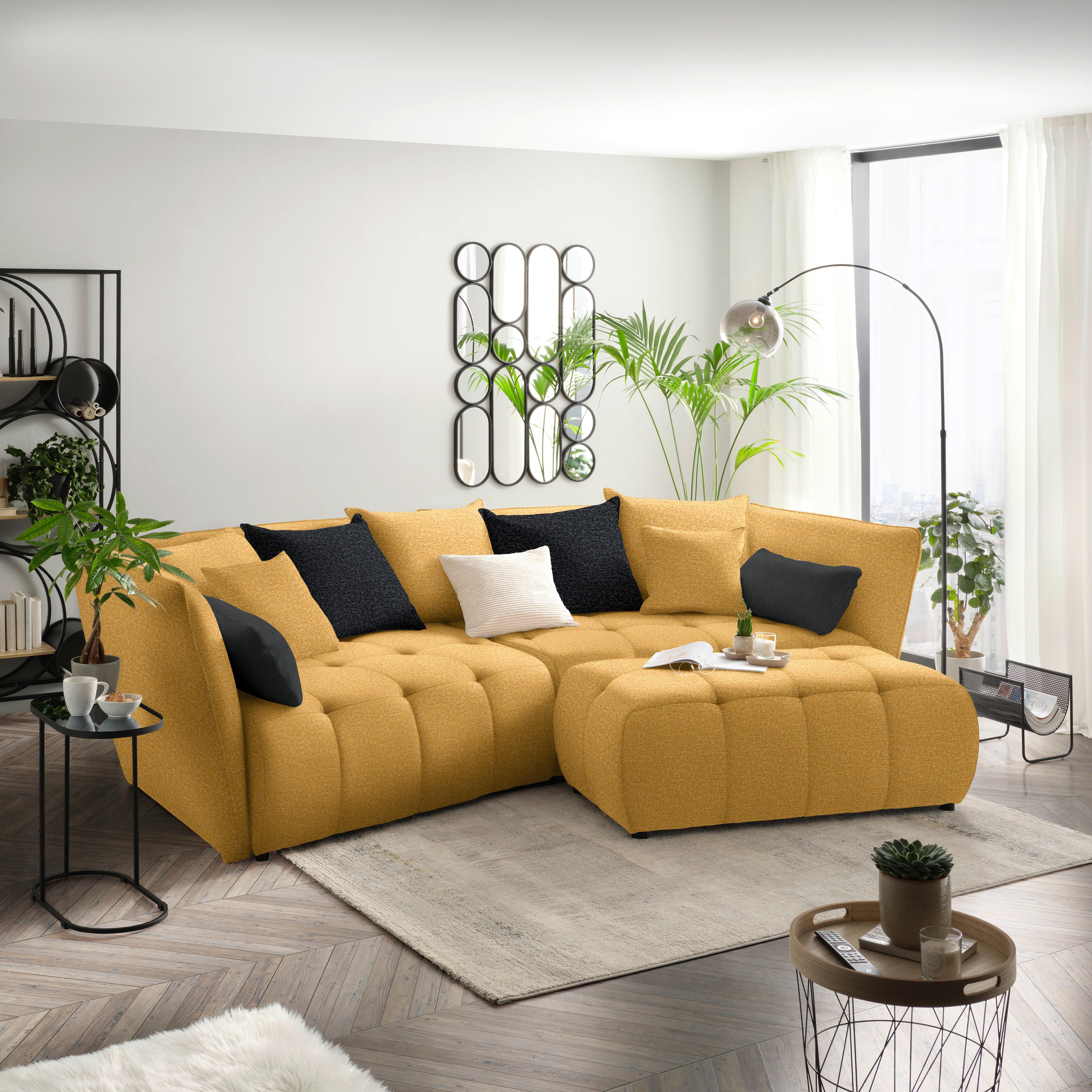 Boxspringová pohovka SOFI, hořčicové žlutá, tmavě šedá - šedá/černá, Moderní, textil (294/93/152cm) - Premium Living