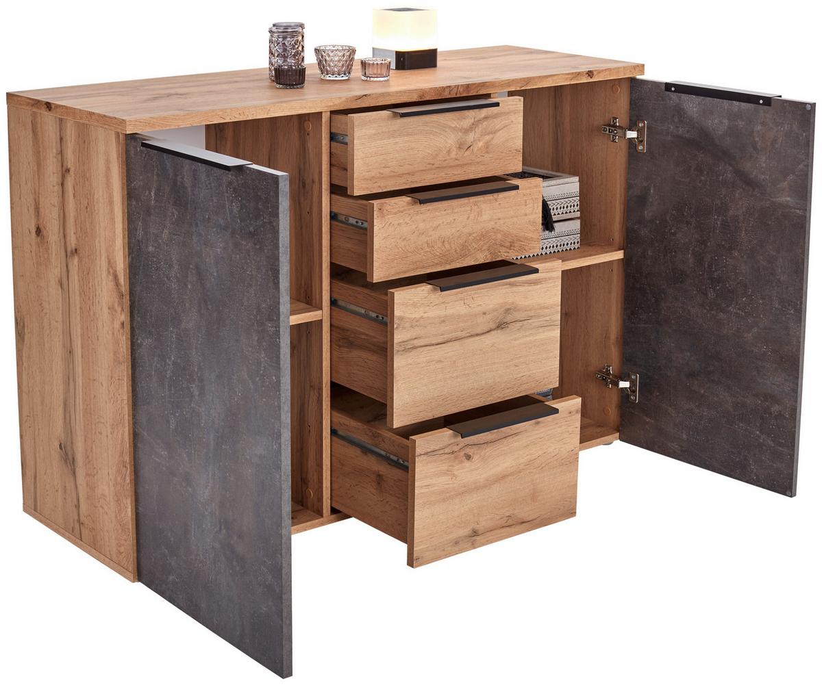 Kommode B 120cm Kai 2, Wotan Eiche Dekor/Beton Optik - Eichefarben/Alufarben, MODERN, Holzwerkstoff (120/80/39cm)