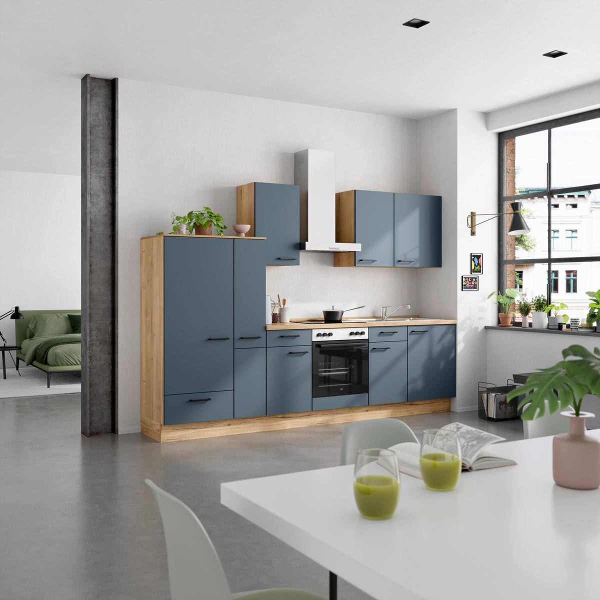 Küchenleerblock Easytouch Low-Line, L7 Links - Blau/Eichefarben, MODERN, Holzwerkstoff (300cm) - Nobilia