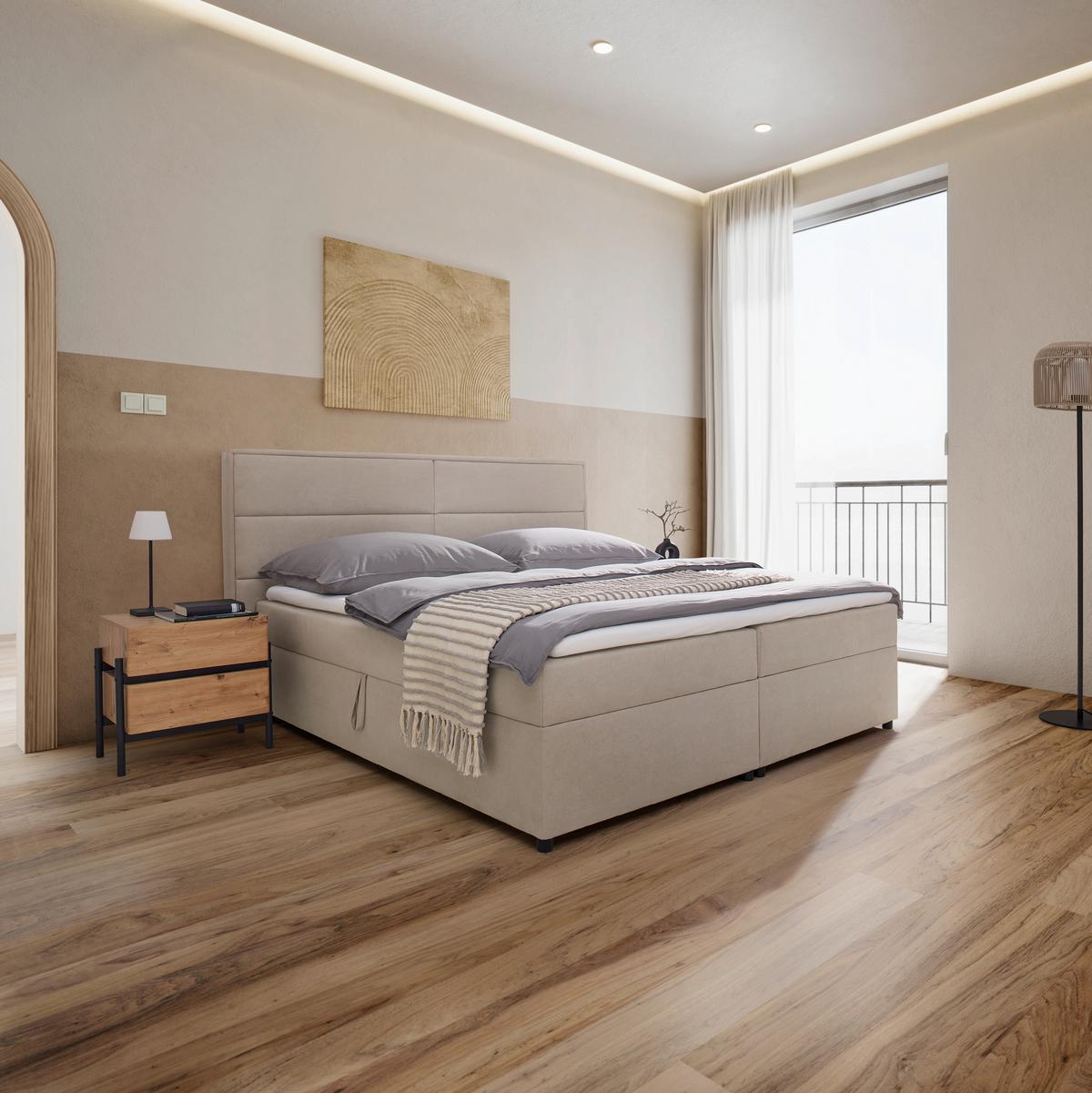 Postel boxspring s toperem, 180x200 cm, béžová - černá/béžová, Moderní, kov/dřevo (180/200cm) - Bessagi Home