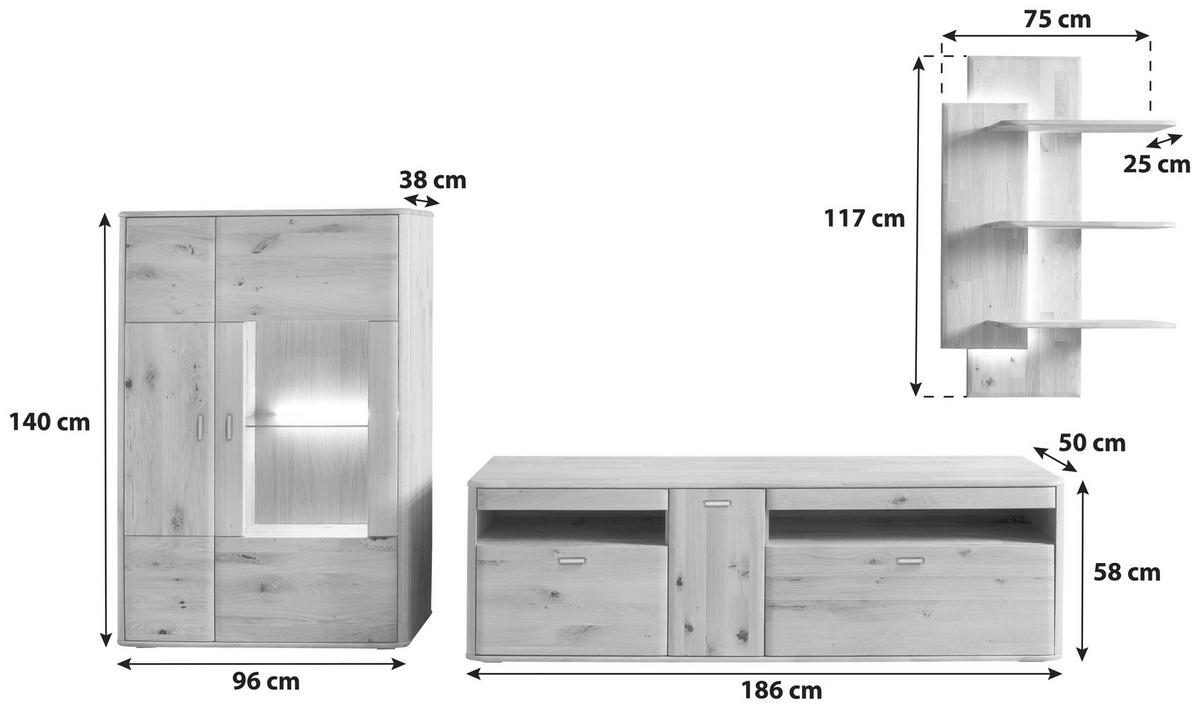 Wohnkombination Massiv 3-Tlg. Ravello Eichefarben - Eichefarben, Design, Glas/Holz (340/194/50cm) - Livetastic