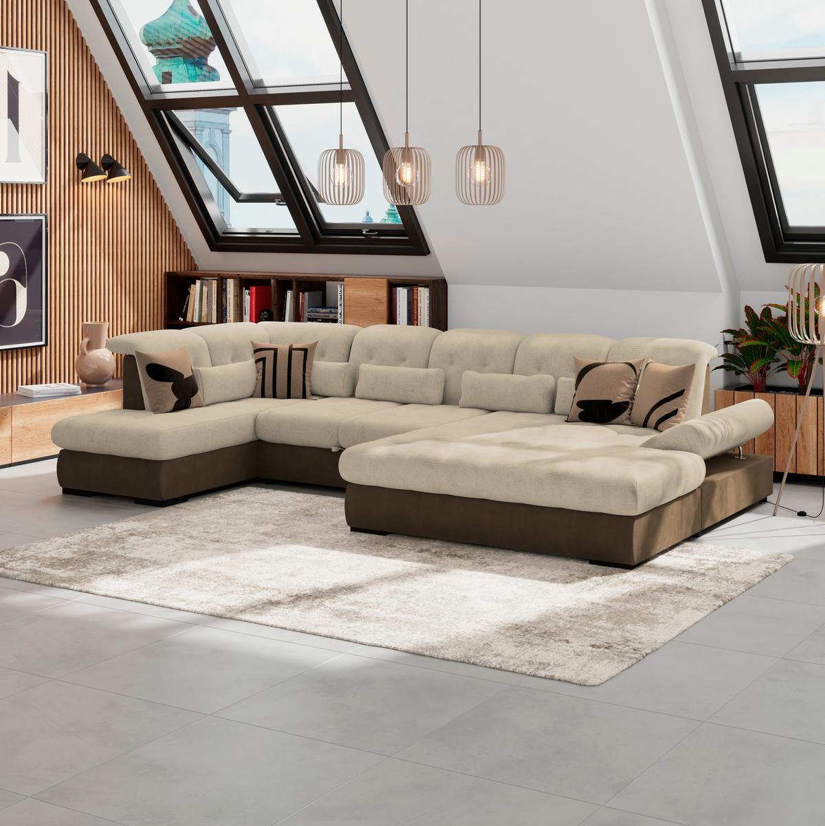 Wohnlandschaft Madera Mit Schlaffunktion Creme - Hellbraun/Creme, KONVENTIONELL, Kunststoff/Textil (212/358/190cm)