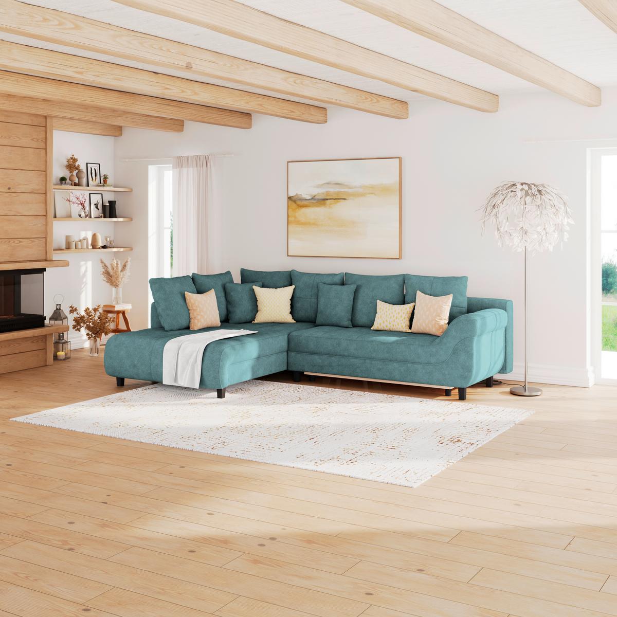 Ecksofa Mendoza - Petrol/Schwarz, Design, Textil (197/309cm) - Ondega