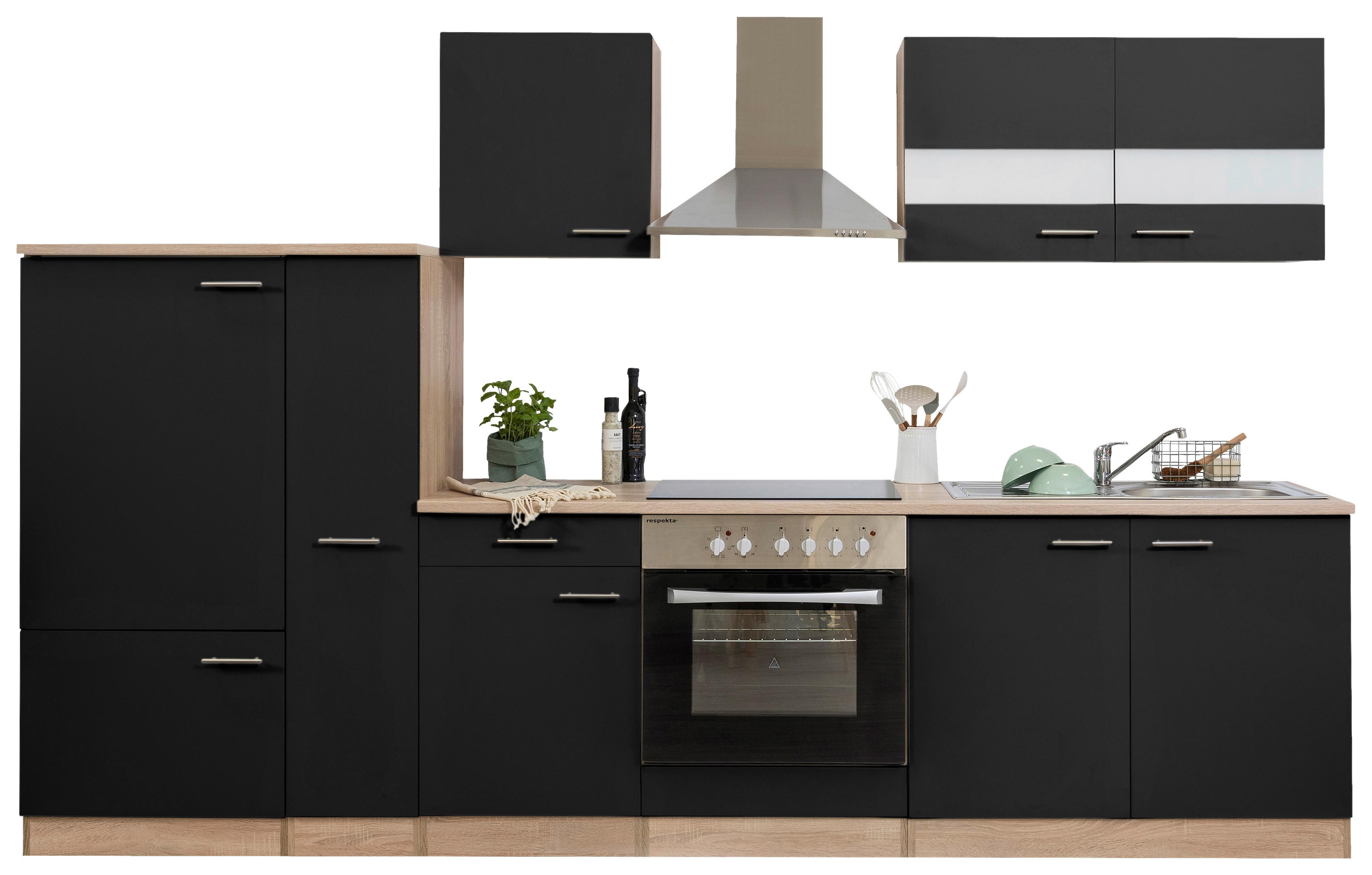 Küchenzeile ohne Geräte B: 300 cm Schwarz/Eiche Dekor - Eichefarben/Schwarz, Basics, Holzwerkstoff (300cm) - Respekta