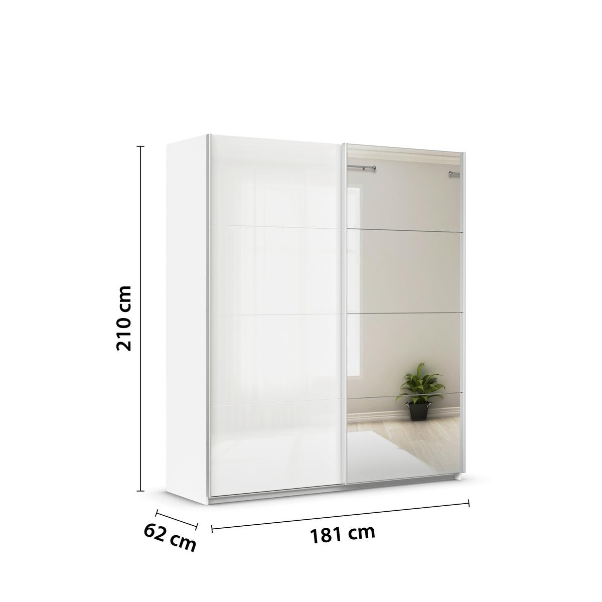 Schwebetürenschrank + Spiegel B: 181cm Feldkirch Weiß - Weiß Hochglanz/Silberfarben, MODERN, Holzwerkstoff (181/210/62cm)