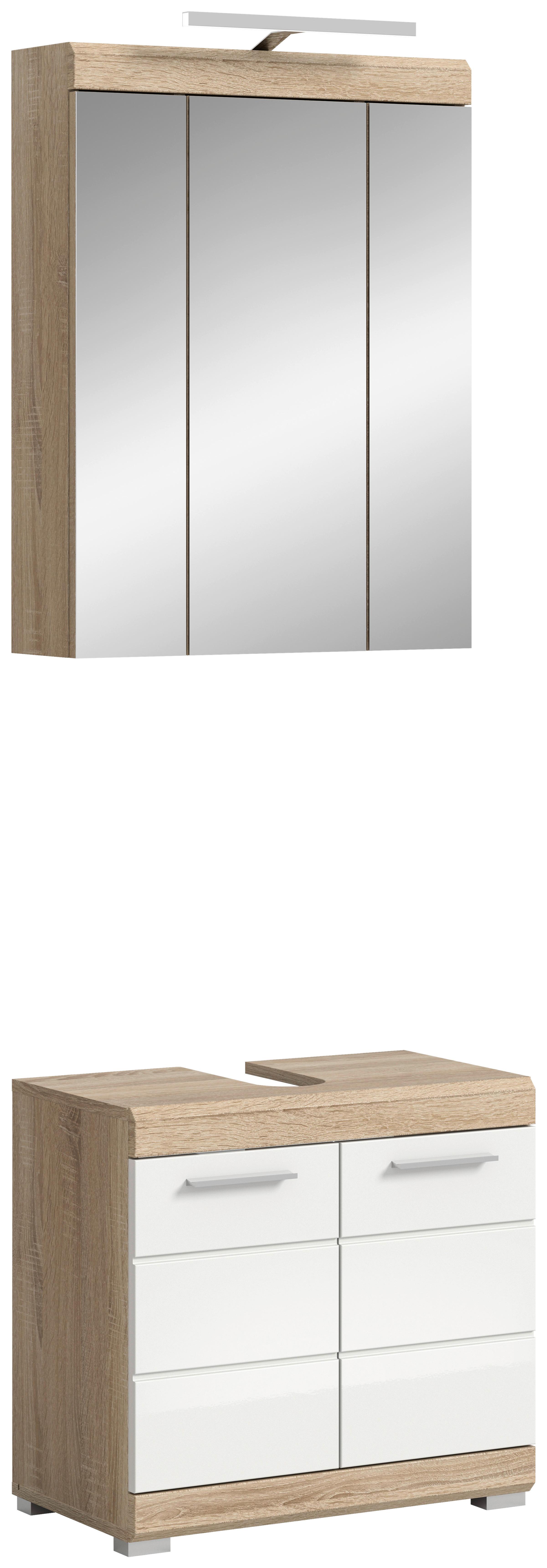 Badezimmer Lambada Eiche Dekor/weiß B: 60 Cm - Weiß Hochglanz/Silberfarben, MODERN, Glas/Holzwerkstoff (60cm) - MID.YOU