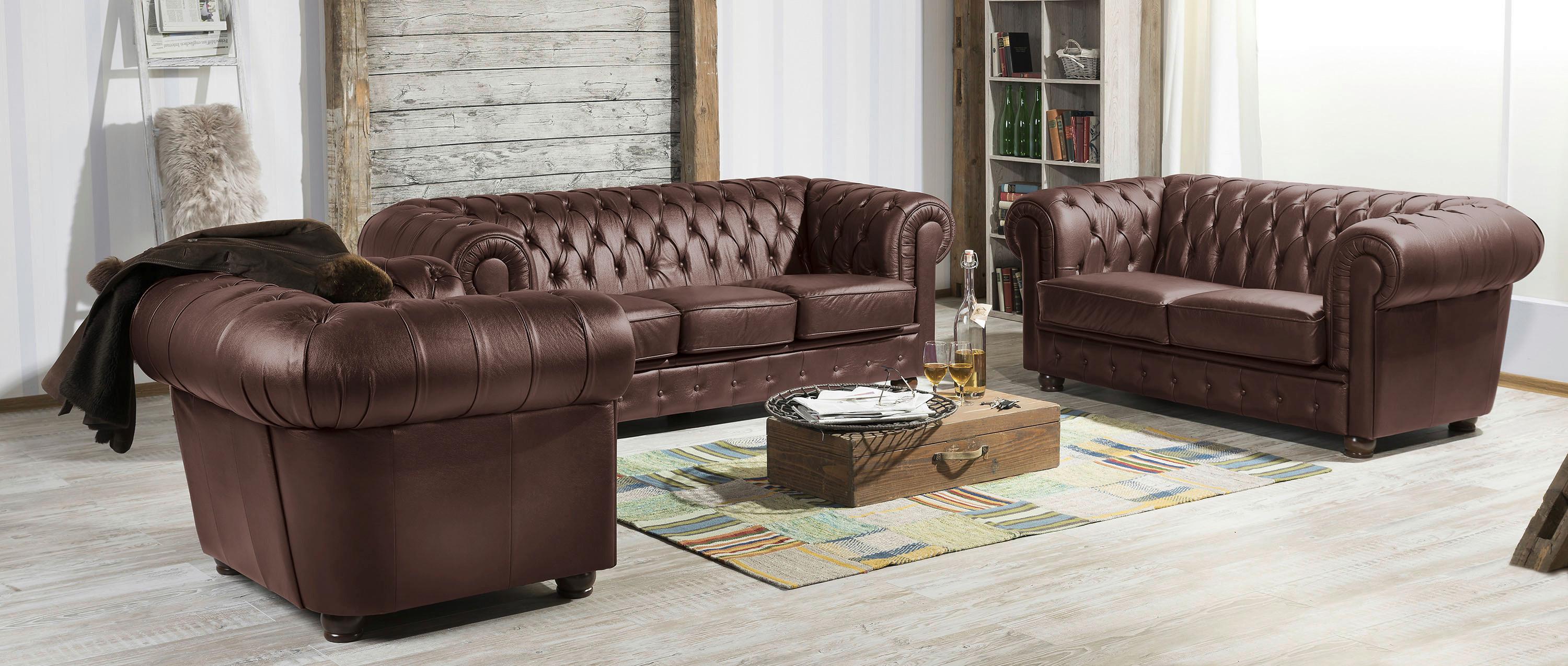 Sitzgarnitur 3-tlg. Bridgeport Echtleder Braun - Nussbaumfarben/Braun, Design, Leder/Holz (200/76/98cm) - Max Winzer