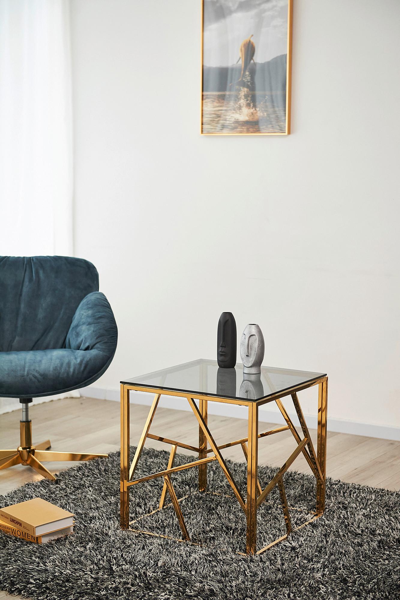 Beistelltisch Grau, Goldfarben L: 55 cm - Goldfarben/Grau, Design, Glas/Metall (55/55/55cm) - Livetastic