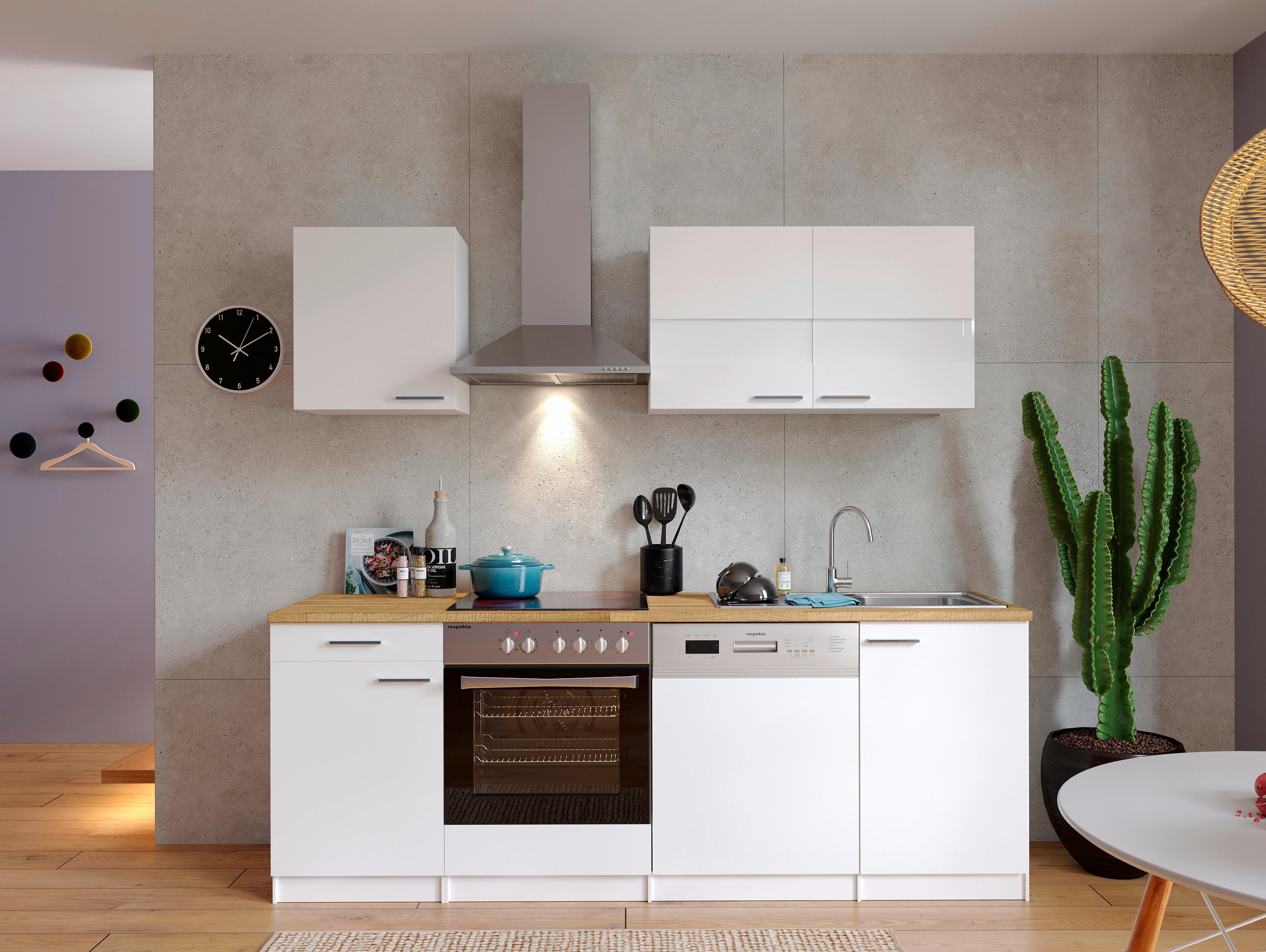 Küchenzeile Economy mit Geräten 220 cm Weiß/Nussbaum Dekor - Nussbaumfarben/Weiß, Basics, Holzwerkstoff (220cm) - Respekta