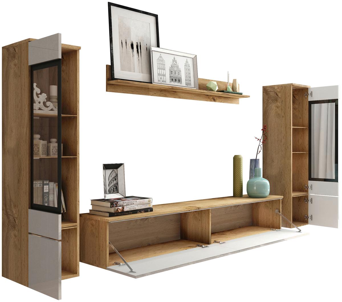 Obývacia stena s LED dekor dub Wotan/biela VL - sivá/biela s vysokým leskom, Lifestyle, kompozitné drevo/plast (240/130cm) - P & B