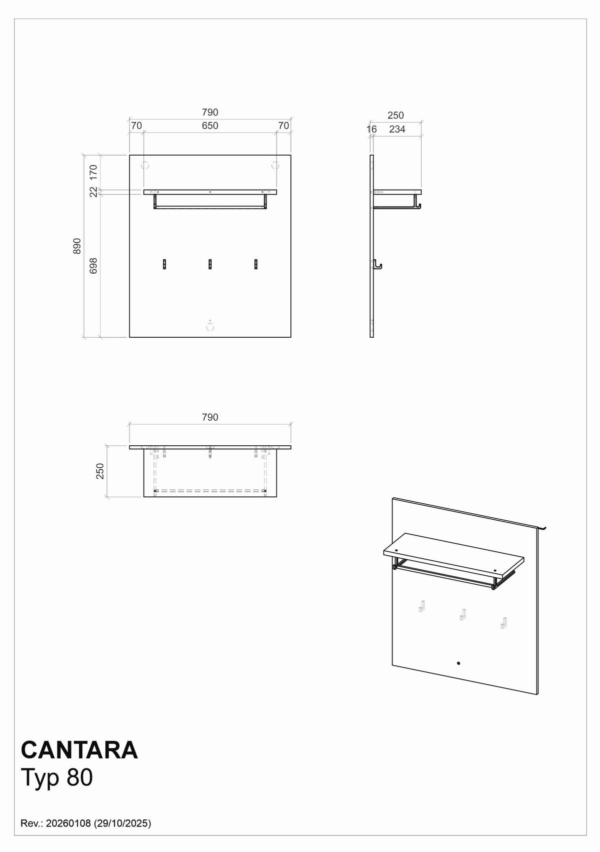 Garderobenpaneel Cantara Eichefarben/Anthrazit B: 79cm - Eichefarben/Anthrazit, MODERN, Holzwerkstoff (79/89/25cm) - MID.YOU