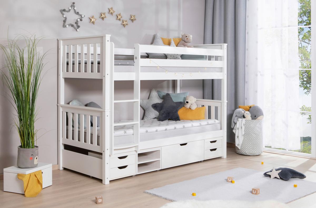 Etagenbett Sammy Weiß Kiefer Massiv 90 Cm Mit Stauraum - Weiß, MODERN, Holz (90/200cm) - MID.YOU