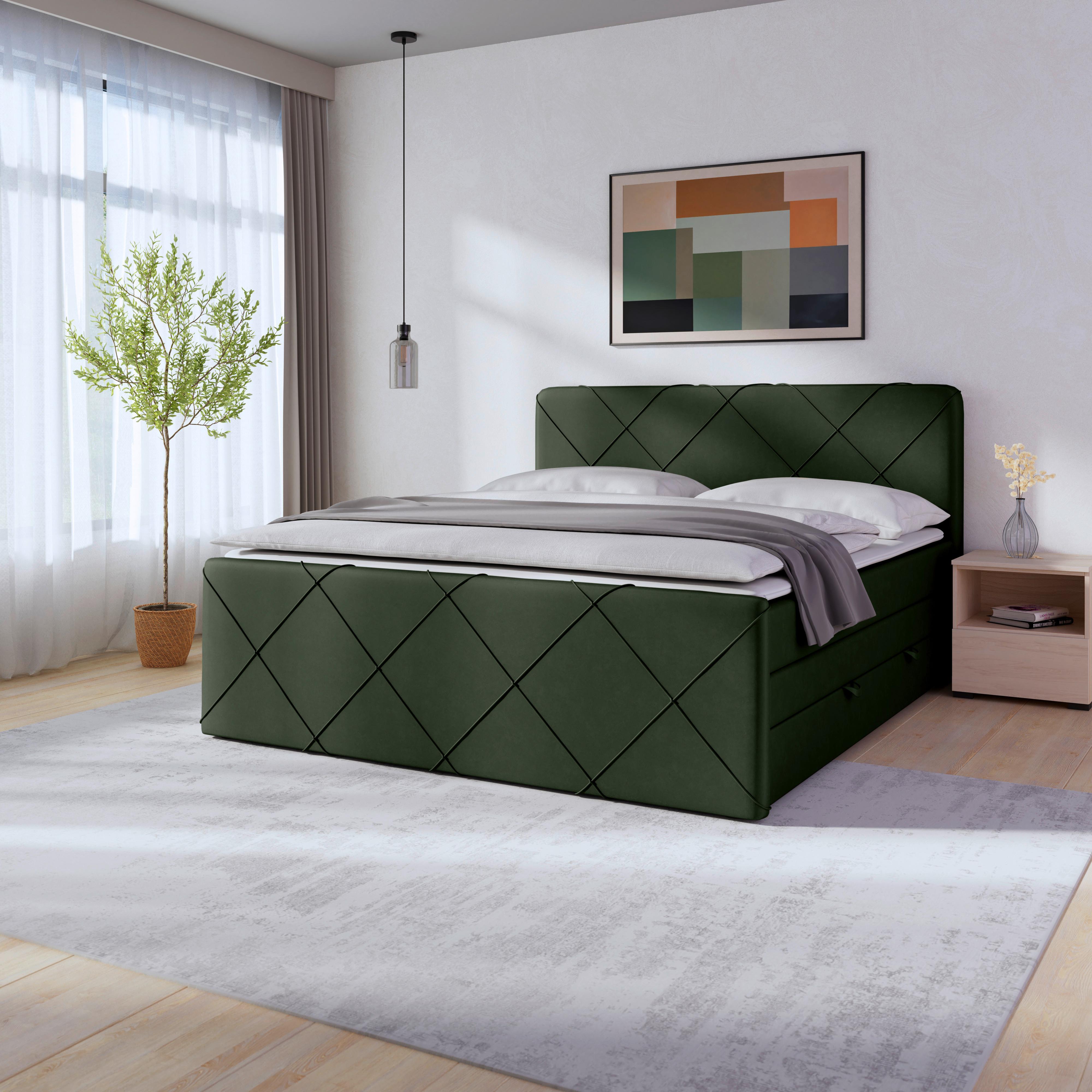 Boxspringbett Cordoba Grün Inkl.bettkasten, L: 180 Cm - Schwarz/Grün, MODERN, Holz/Kunststoff (180/200cm) - MID.YOU