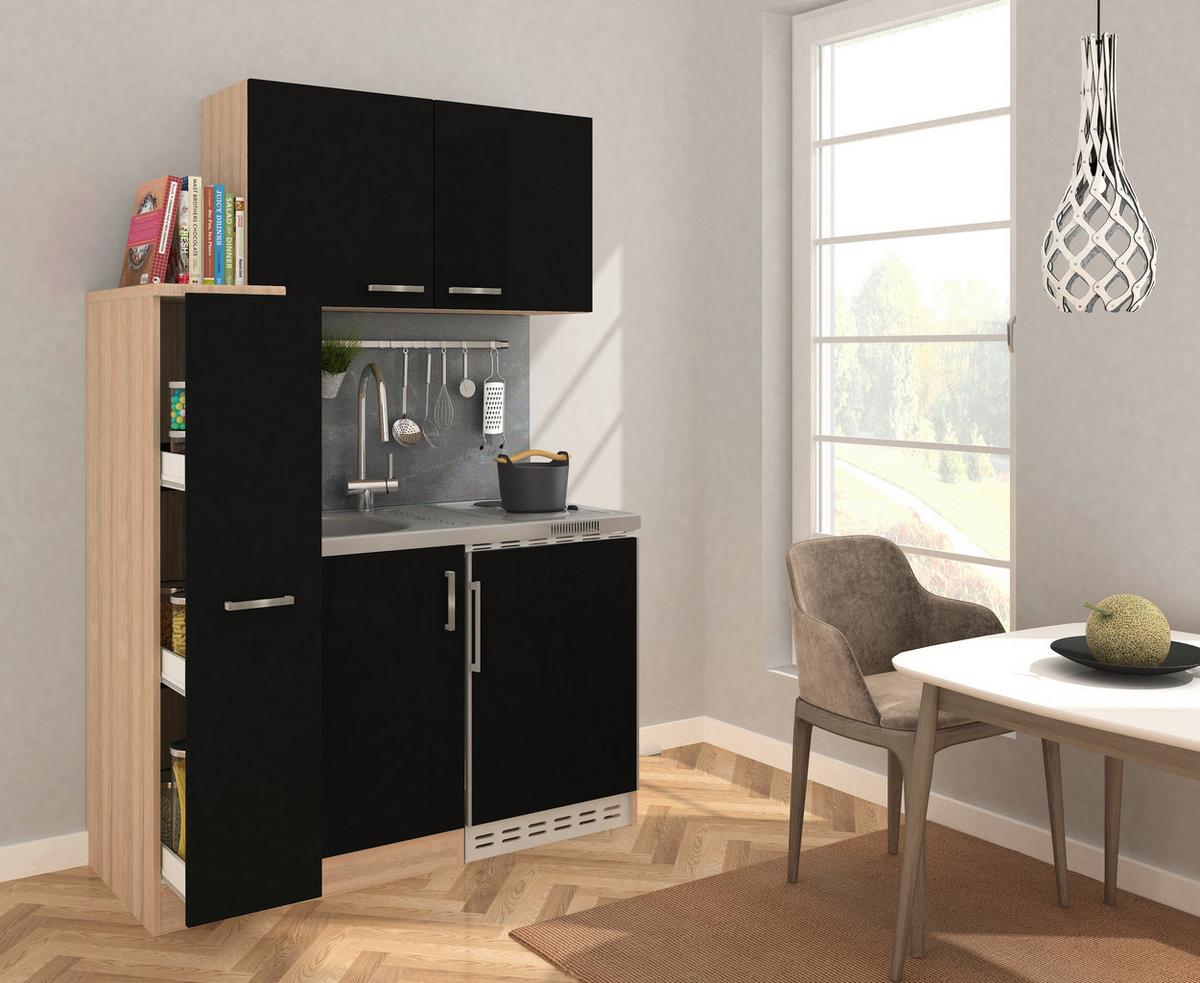 Miniküche M. Kühlschrank + Kochfeld 130 Cm Schwarz/eiche - Edelstahlfarben/Eichefarben, MODERN, Holzwerkstoff/Metall (130cm) - Respekta