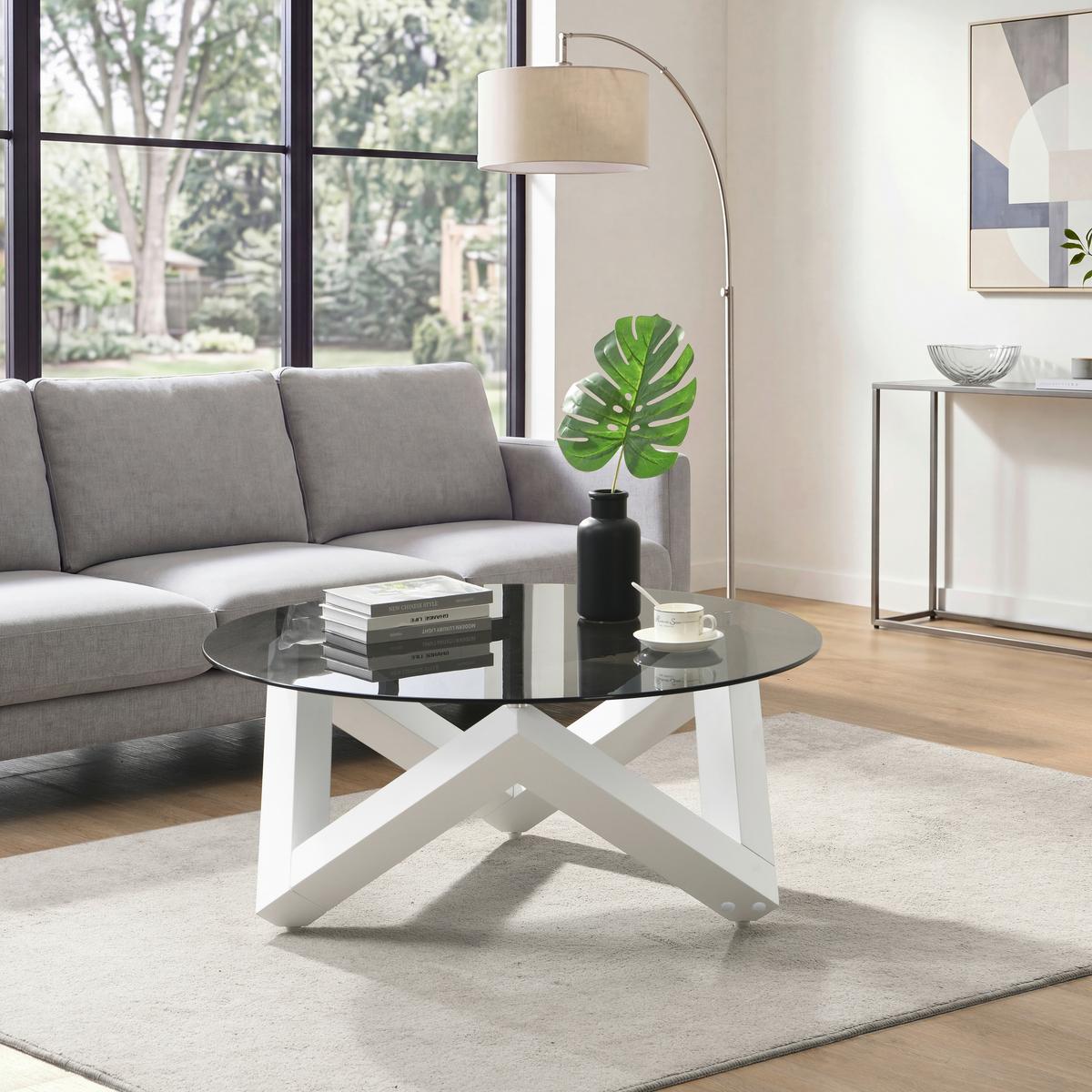 Couchtisch Cobobito rund Glasplatte weiß, B: 95cm - Weiß/Grau, MODERN, Glas/Holzwerkstoff (95/41/95cm)