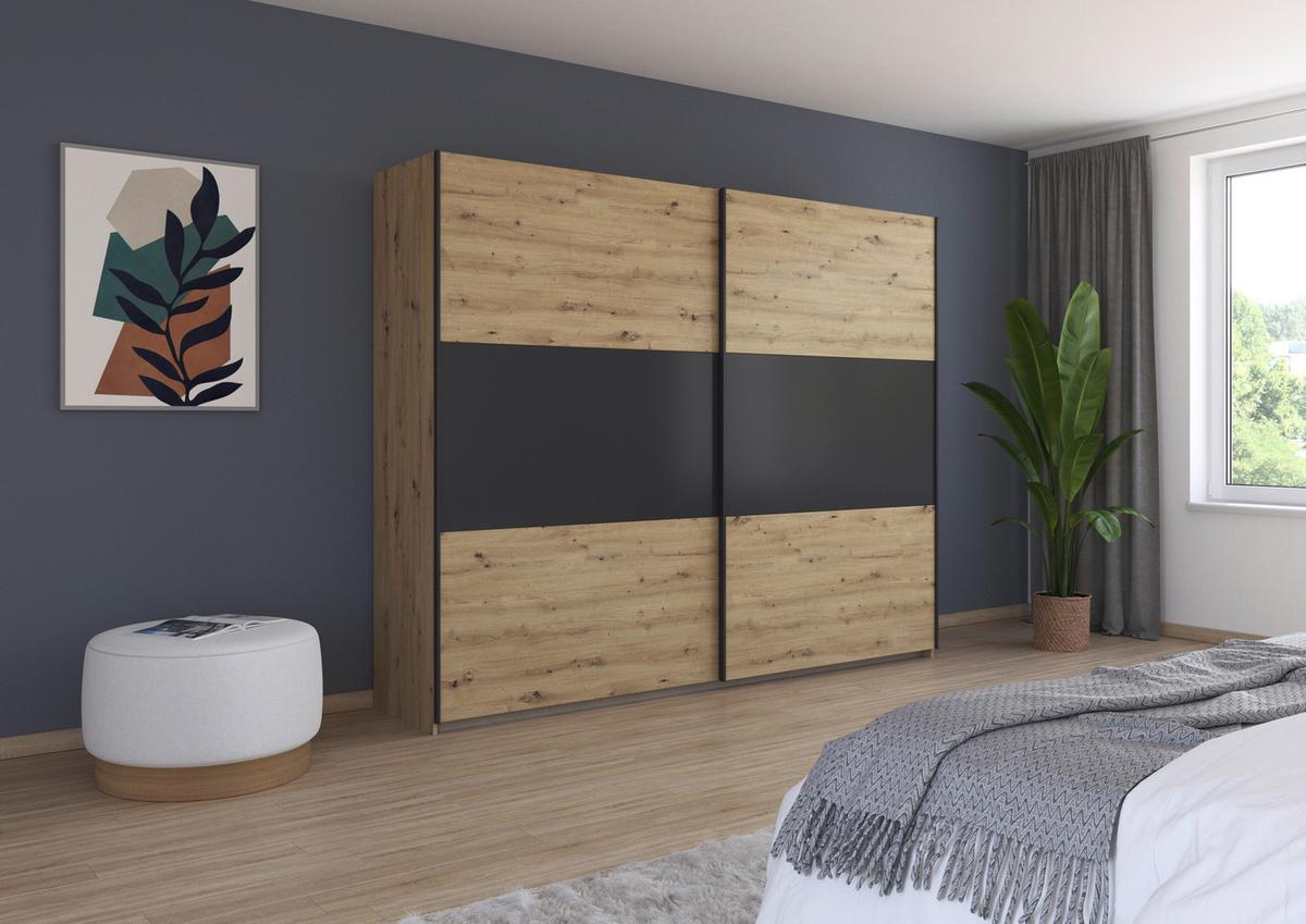 Schwebetürenschrank Neo Grau Eiche Artisan Dekor - Alufarben/Eiche Artisan, MODERN, Holzwerkstoff (261/210/59cm) - Rauch Möbel
