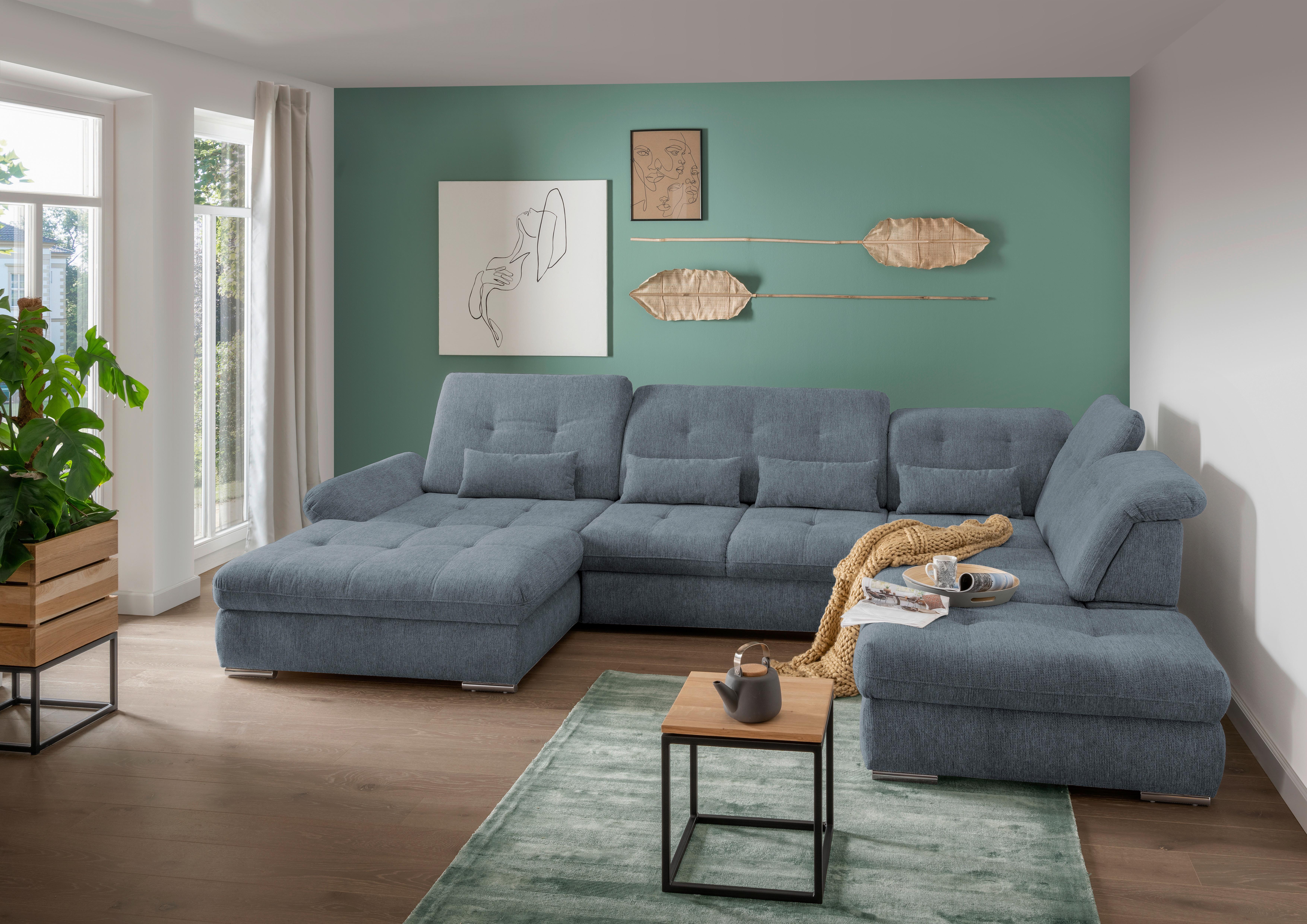 Wohnlandschaft Dalida Mit Schlaffunktion Hellblau - Chromfarben/Hellblau, Design, Textil (195/376/254cm) - Livetastic