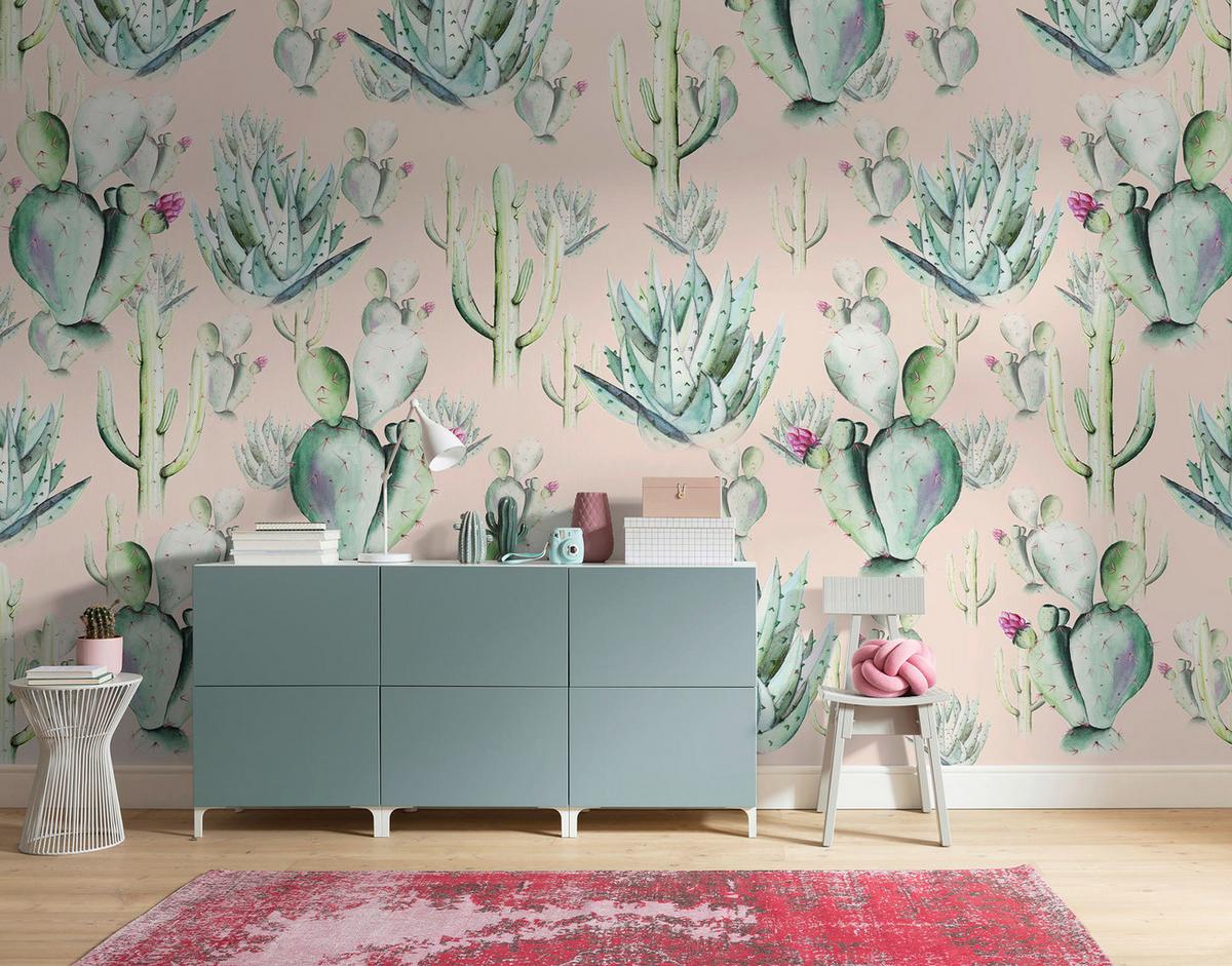 Vliestapete Cactus Rose - Rosa/Grün, Basics (400/250cm) - Komar