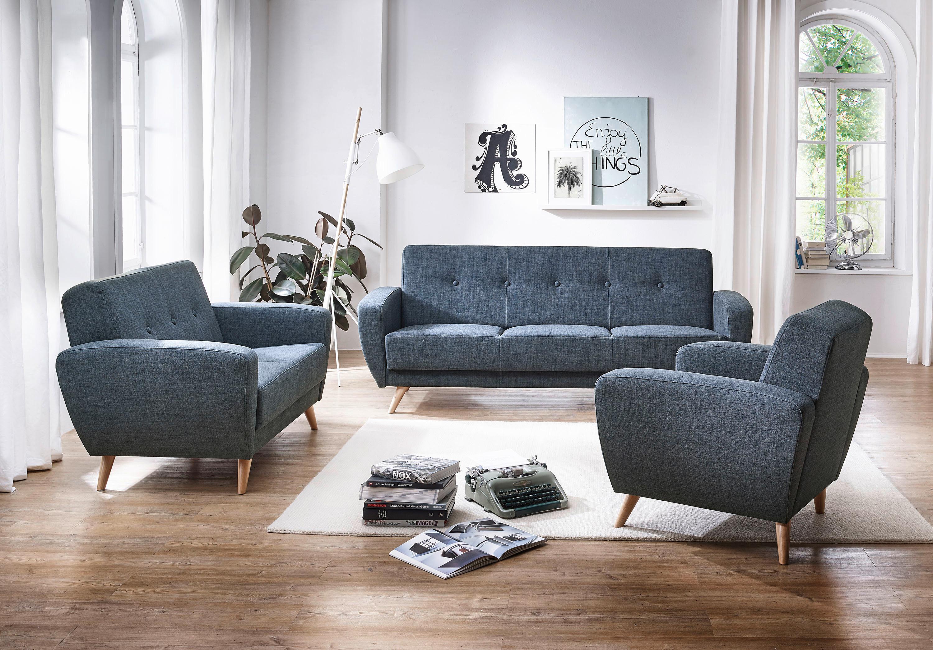 2-Sitzer-Sofa Jerry Rücken Echt, Blau - Blau/Naturfarben, Design, Textil (136/85/82cm) - Max Winzer