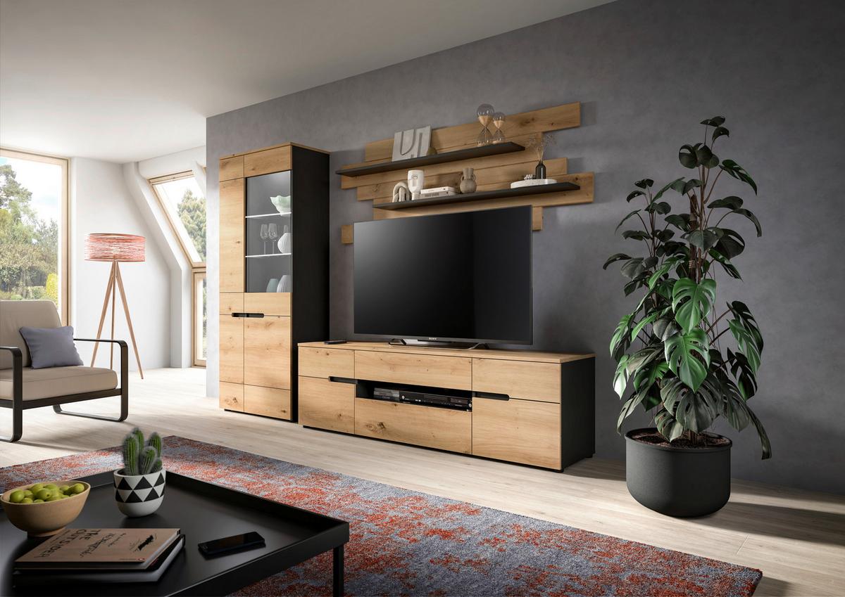 Wohnwand Canu Eiche Artisan Dekor B: 280cm - Schwarz/Eiche Artisan, Design, Holzwerkstoff (280/190/44cm) - Livetastic