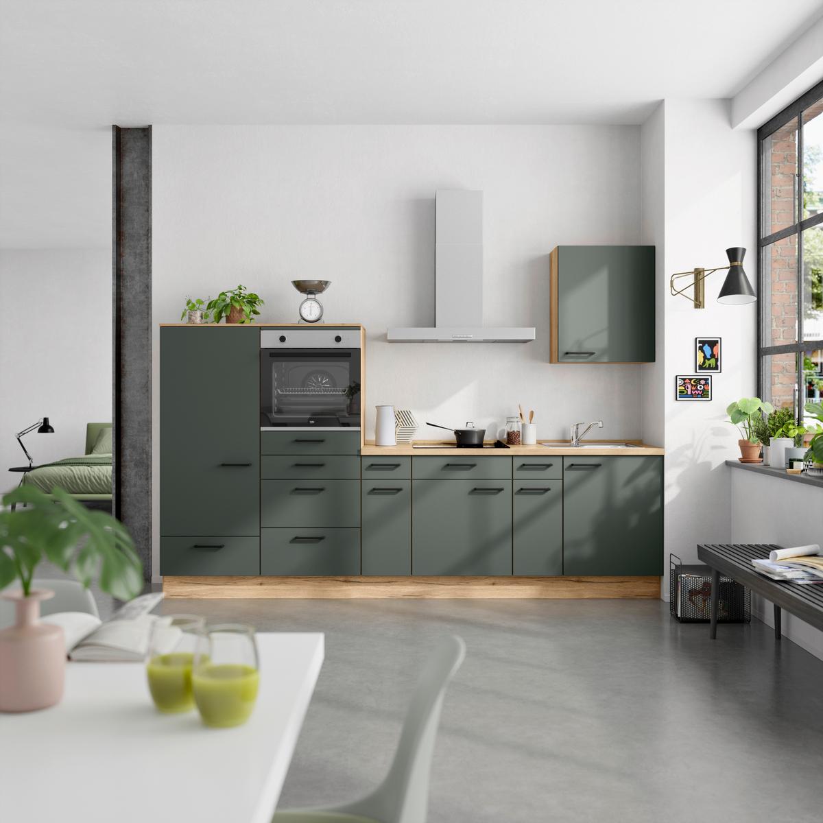 Küchenleerblock Easytouch Low-Line, L4 Links - Dunkelgrün/Eichefarben, MODERN, Holzwerkstoff (300cm) - Nobilia