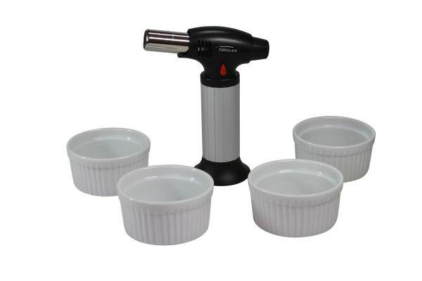 Creme-brulee-set Porzellan 4 Schälchen + Flambiergerät - MODERN (17,5/23,5/9,2cm) - Collini