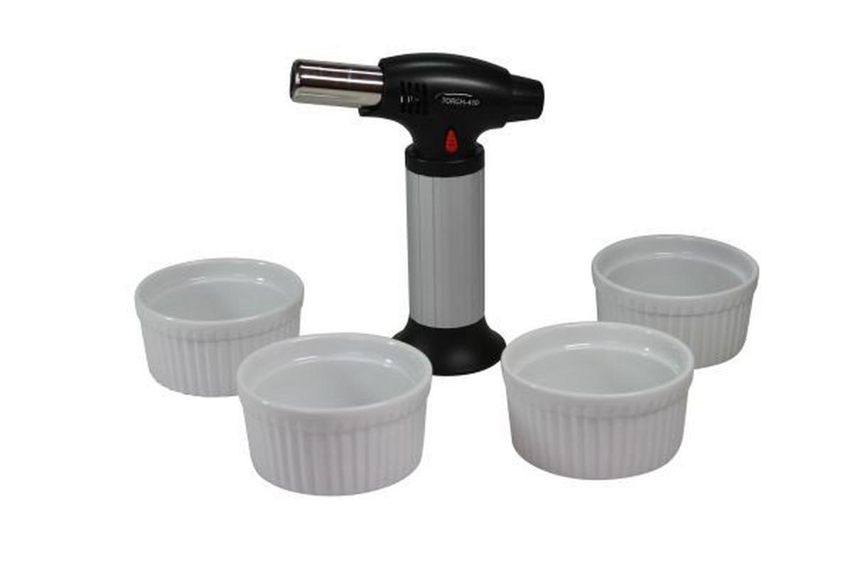 Creme-Brulee-Set Porzellan 4 Schälchen + Flambiergerät - MODERN (17,5/23,5/9,2cm) - Collini
