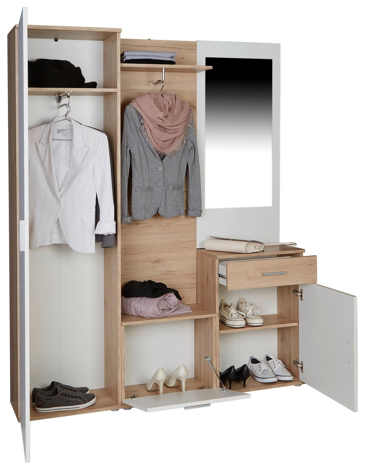 Előszobafal Mia - tölgyfa/fehér, Modern, faalapú anyag/Üveg (150/190/29cm)