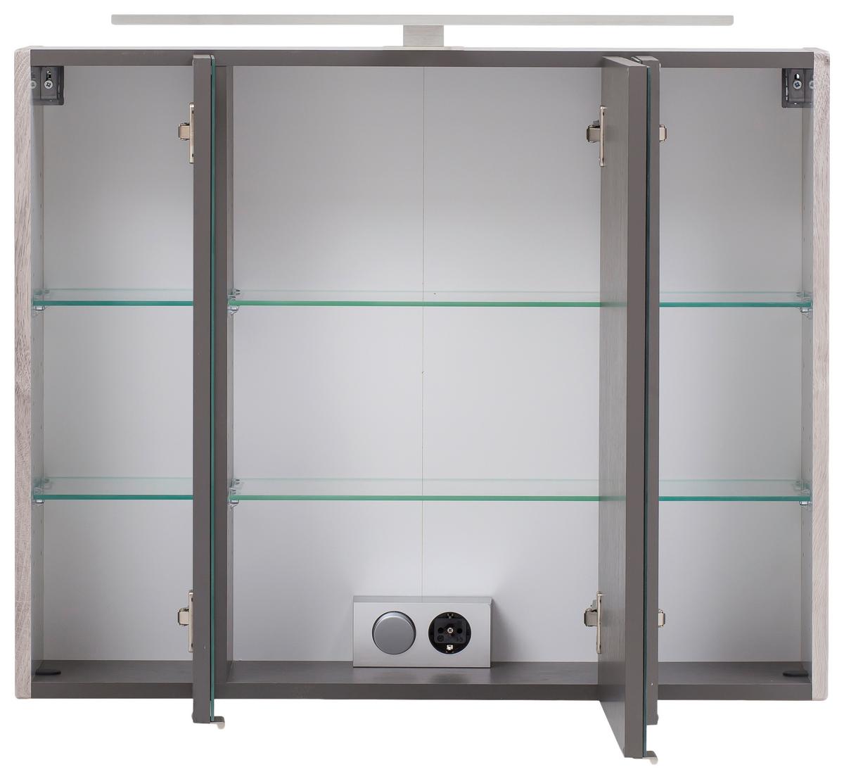 Badmöbel-Set 3-Tlg. inkl. LED Stockholm 80cm Eiche Dekor - Eichefarben/Eiche grau, KONVENTIONELL, Glas/Holzwerkstoff (80cm) - Held