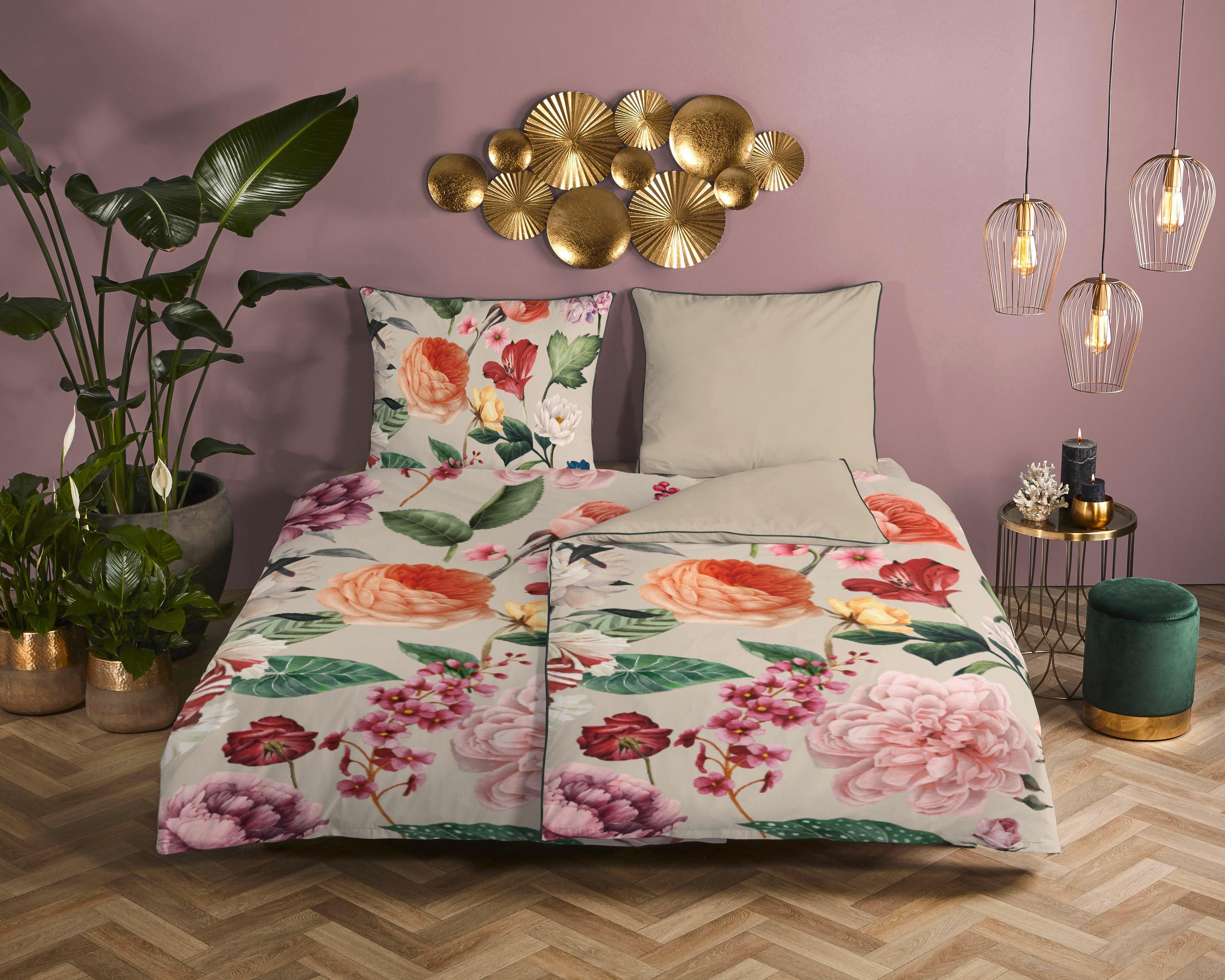 Wendebettwäsche 140x200 cm Fiori Sandfarben Blume - Sandfarben, Basics, Textil (140/200cm)