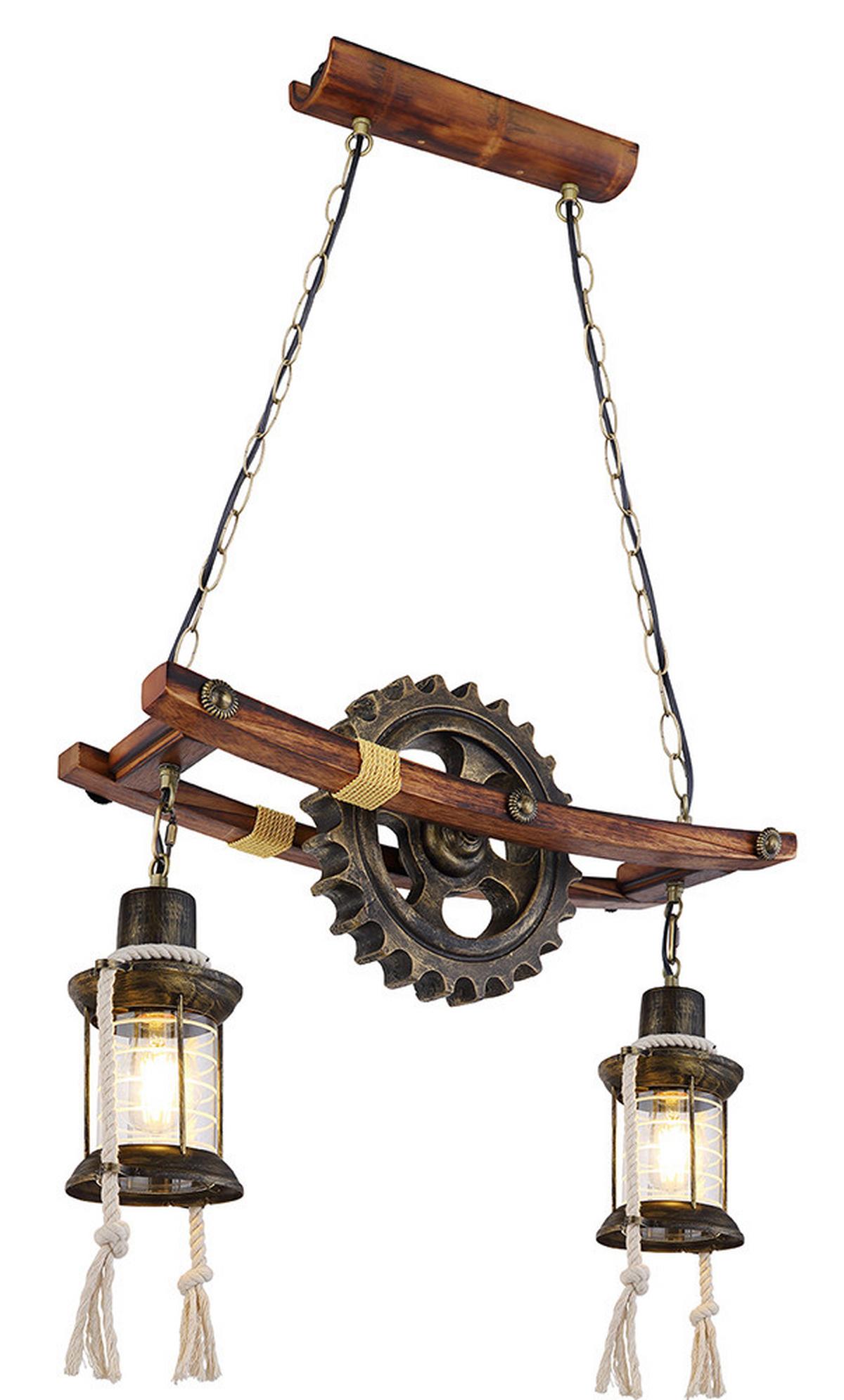 Hängeleuchte H: 110 cm 2-Flammig, mit Zahnrad - Klar/Messingfarben, Design, Glas/Naturmaterialien (62/20/110cm) - Globo