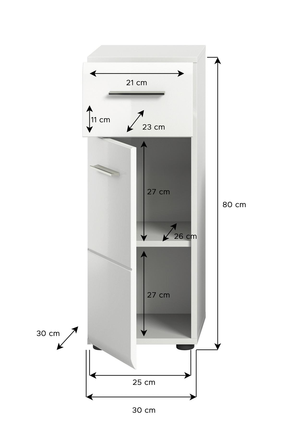 Unterschrank Ice B: 30 cm Weiß Hochglanz - Weiß Hochglanz/Schwarz, MODERN, Holzwerkstoff (30/80/30cm) - MID.YOU