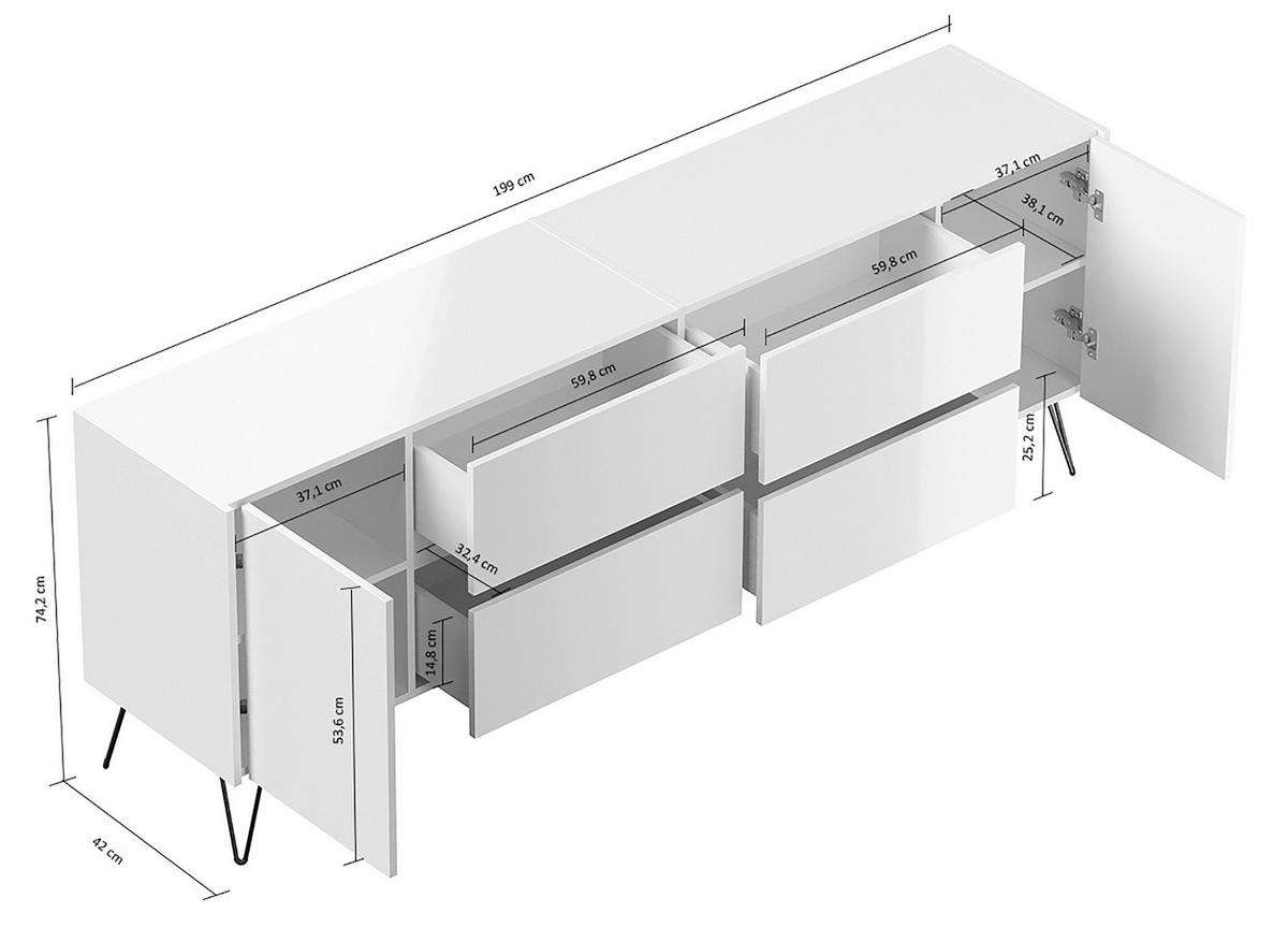 Sideboard Posseik Industrial Weiß/eichefarben B: 199 Cm - Eichefarben/Weiß Hochglanz, Design, Holzwerkstoff (199/75,8/42cm) - P & B