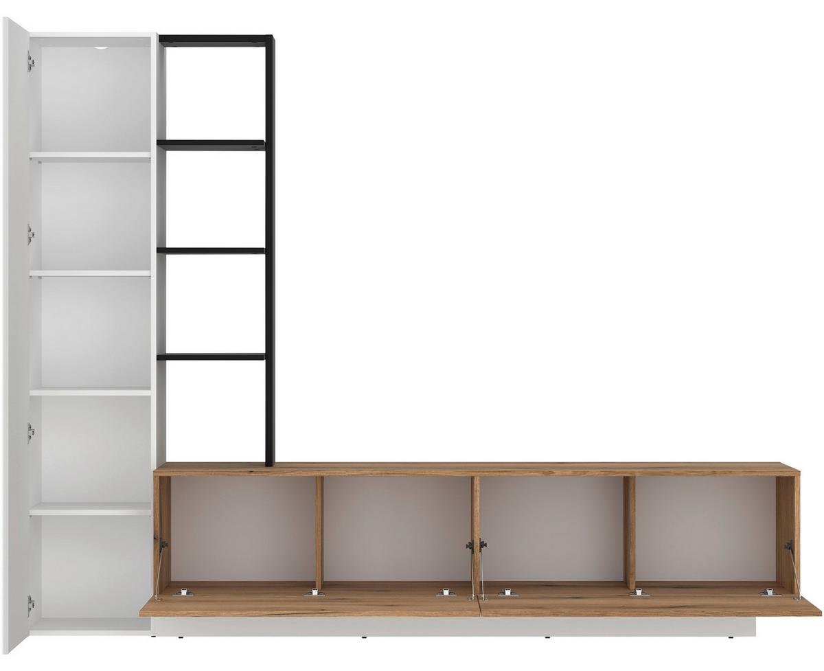 Wohnwand Tevisa B: 230 cm Alpinweiss/Eichefarben - Eichefarben/Schwarz, MODERN, Holzwerkstoff (230/180/41,6cm)