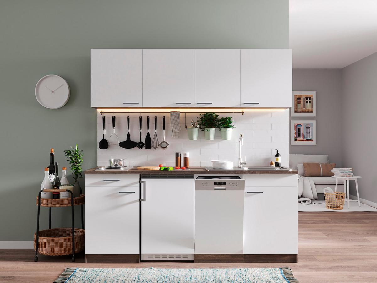 Küchenzeile Economy M. Geräten 195 Cm Weiß/eiche Dekor Modern - Eichefarben/Weiß, Basics, Holzwerkstoff (195cm) - Respekta