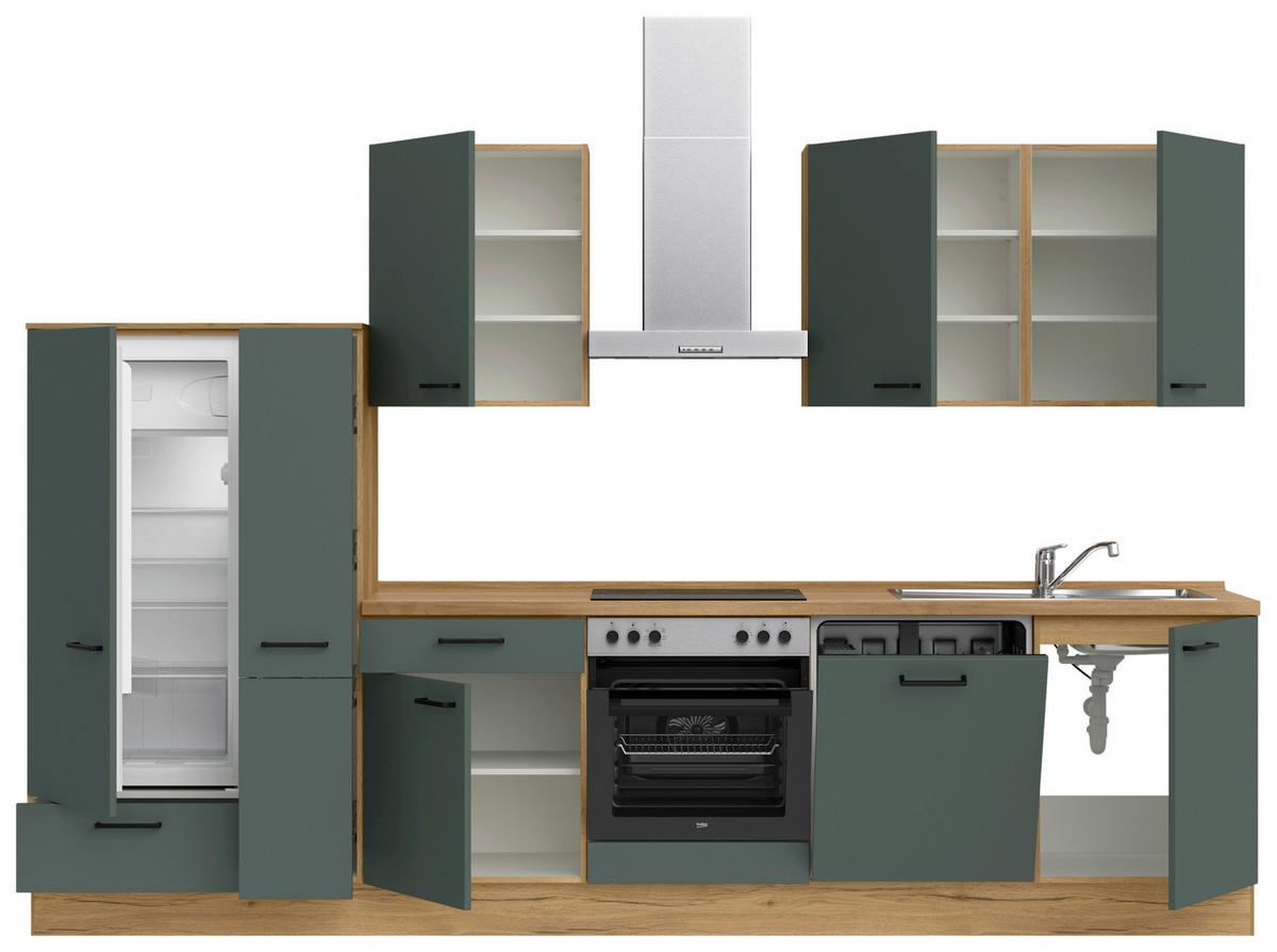 Kuchyňská linka 330 cm, minerální zelená,ultra matná - barvy dubu/černá, Moderní, kov/kompozitní dřevo (330cm) - Nobilia