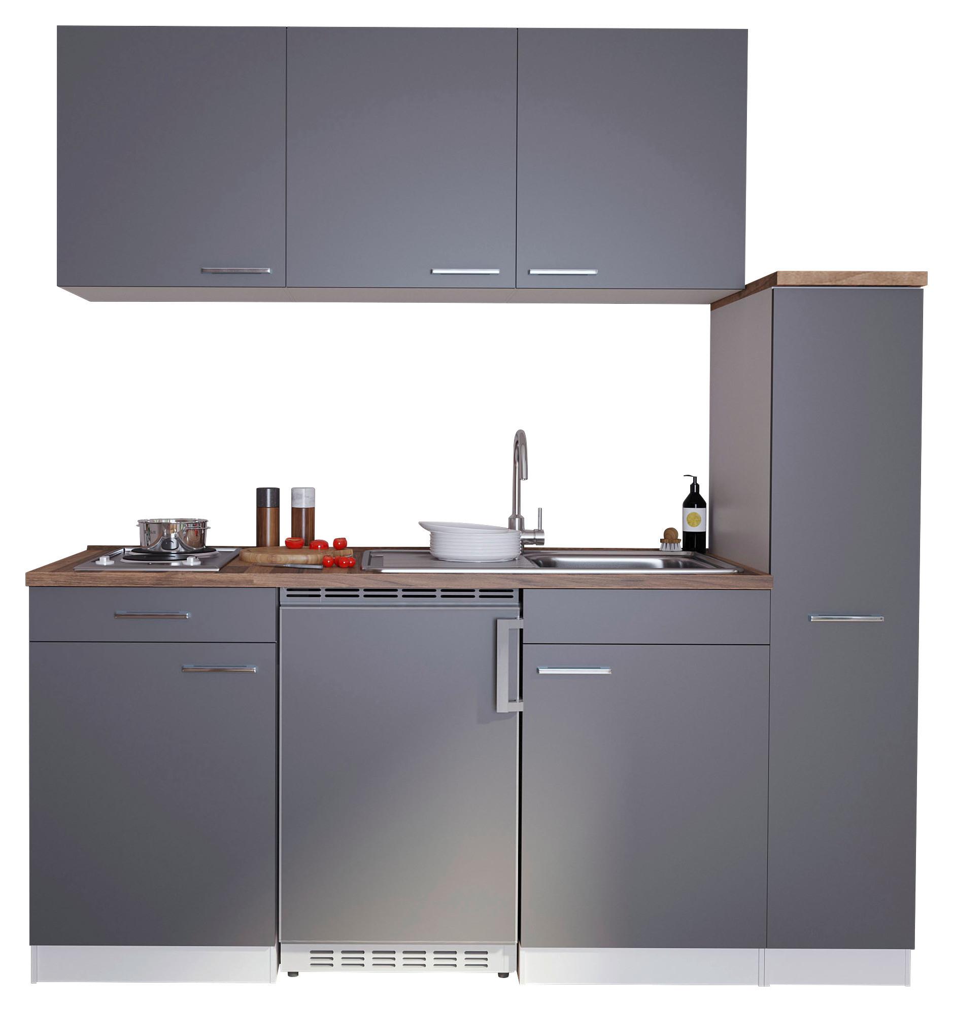 Küchenzeile Economy mit Geräten 180 cm Grau/Nussbaum Dekor - Nussbaumfarben/Weiß, Basics, Holzwerkstoff (180cm) - Respekta