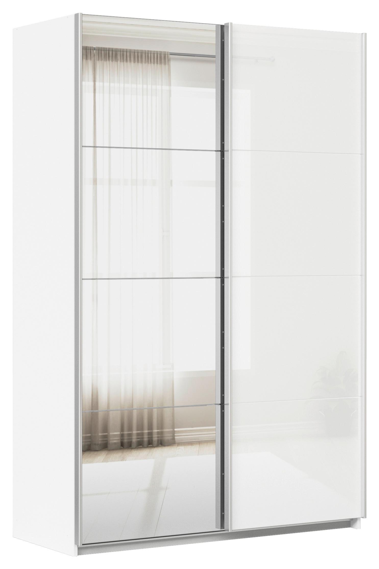Schwebetürenschrank B: 136cm Feldkirch Weiß - Weiß Hochglanz/Silberfarben, MODERN, Glas/Holzwerkstoff (136/210/62cm)