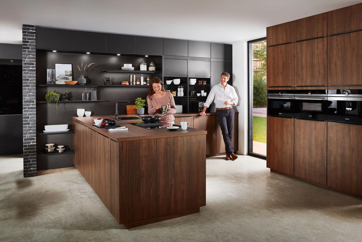 Einbauküche Riga Frei Planbar Modern, grifflos - Eichefarben/Anthrazit, MODERN, Holzwerkstoff - Vertico