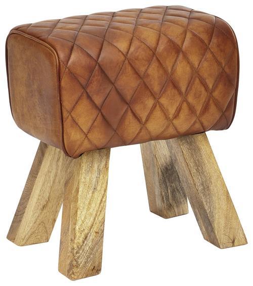 Taburetka Hocker Pravá Koža - prírodné farby/hnedá, Moderný, koža/drevo (40/48/27cm) - MID.YOU