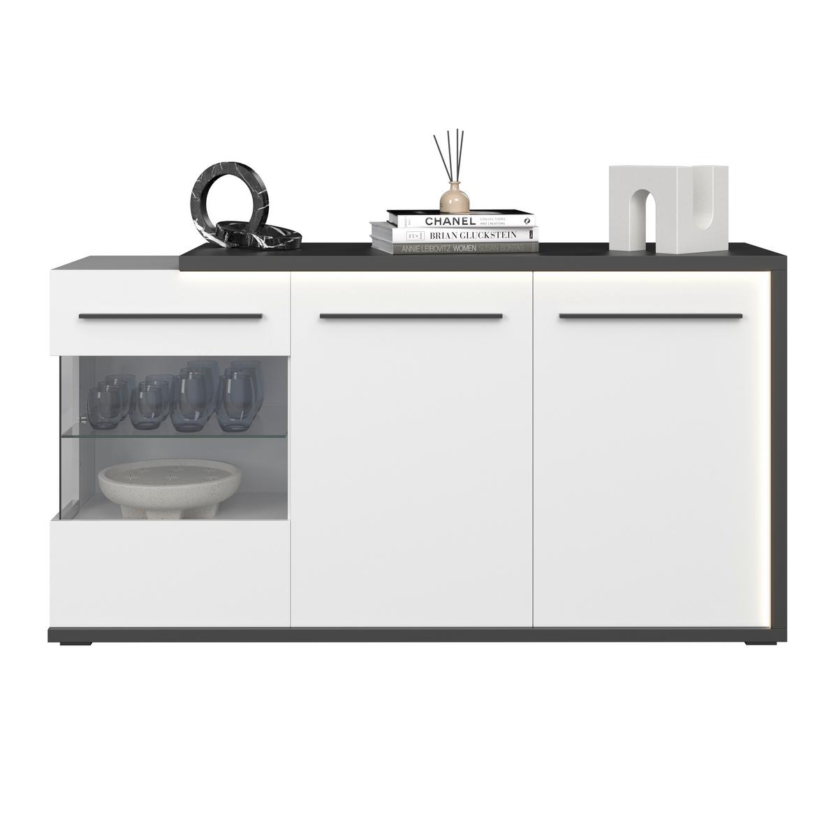 Sideboard Ambiente B: 153,4 cm mit LED, Alpinweiss/Anthrazit - Weiß Hochglanz/Anthrazit, MODERN, Glas/Holzwerkstoff (153,4/81,6/43,6cm)