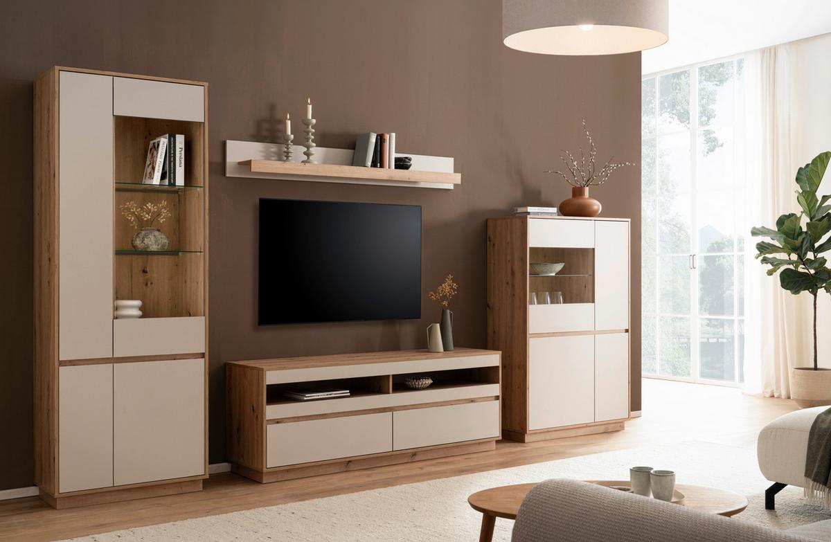 Wohnwand Sonora Eiche Artisan B: 342cm - Kaschmir/Eiche Artisan, Design, Glas/Holzwerkstoff (342/205/40cm) - MID.YOU