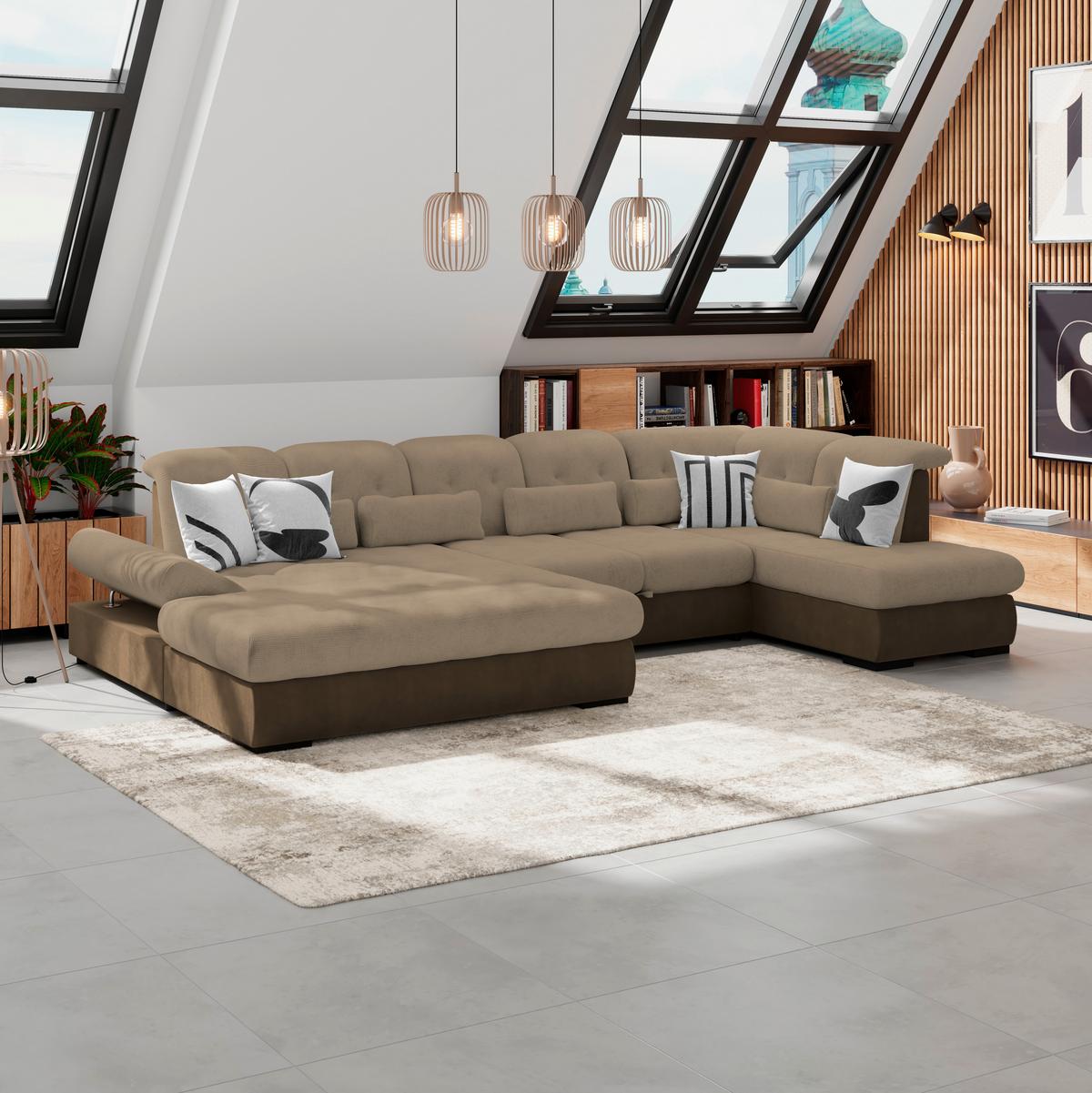 Wohnlandschaft Madera Braun, S: 358x212 Cm - Hellbraun/Dunkelbraun, KONVENTIONELL, Kunststoff/Textil (190/358/212cm)